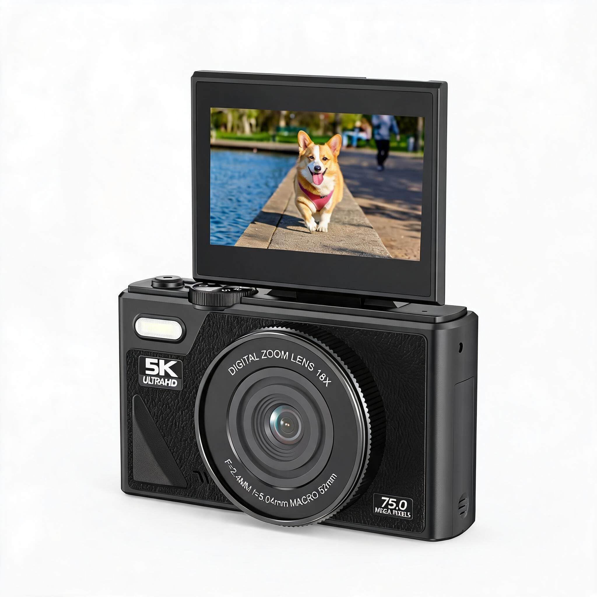 Cámara digital 5K, cámara de vlogging de 75 MP, con zoom de 18X, pantalla abatible de 3 pulgadas, cámara compacta HD, para fotografía de viajes (negro)
