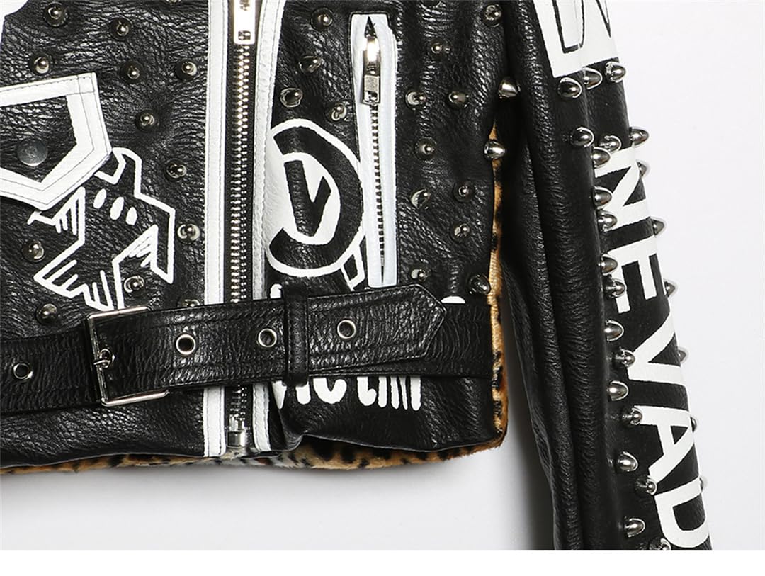 Amazon.co.jp: Women Leather Jacket Heavy Rivet Leopard Print Short