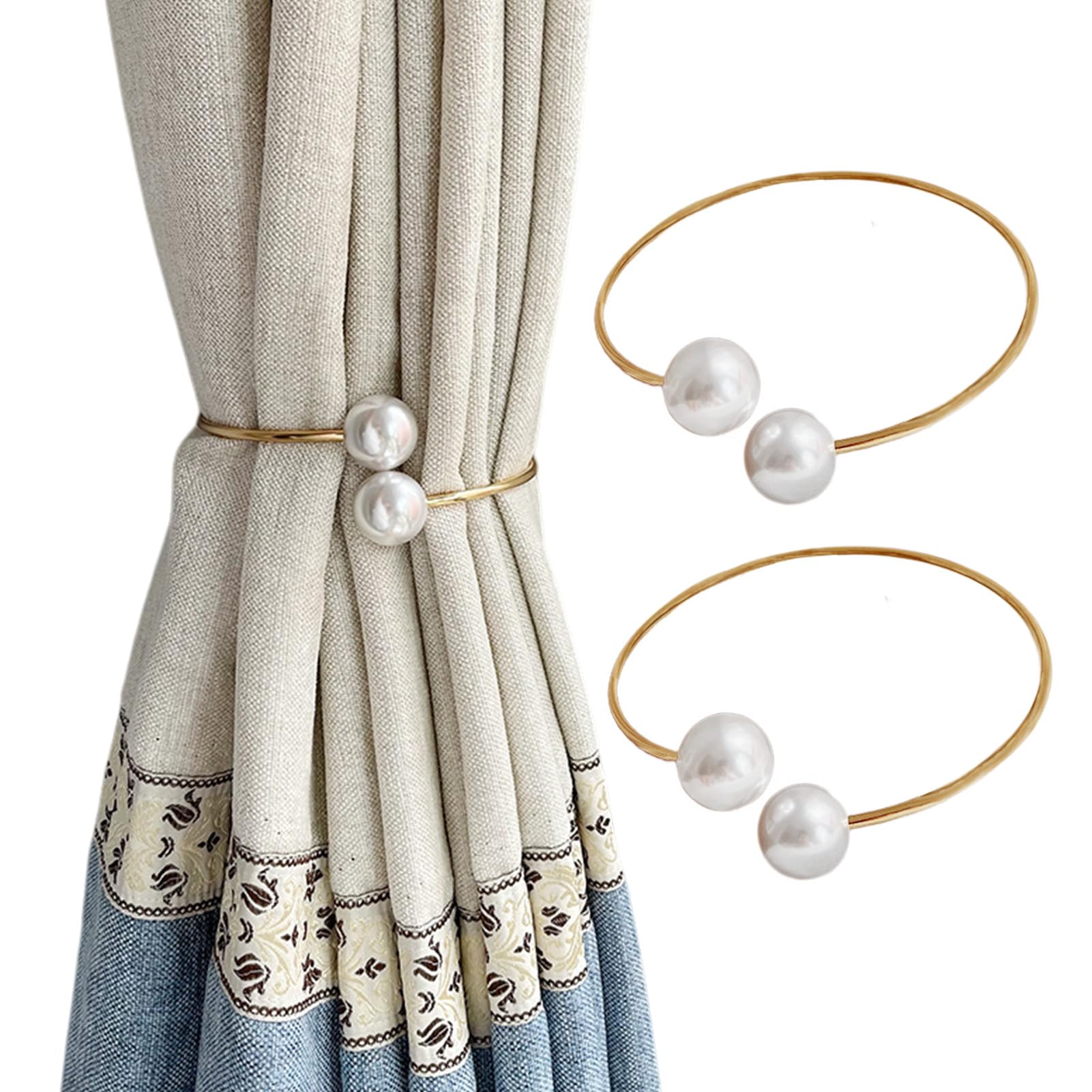 VAODO Metal Curtain Tiebacks 2 Pack, Adjustable Curtain Buckles, Simple and Luxurious, with Pearl Curtain Tie Backs, for Home Office Curtain Decoration