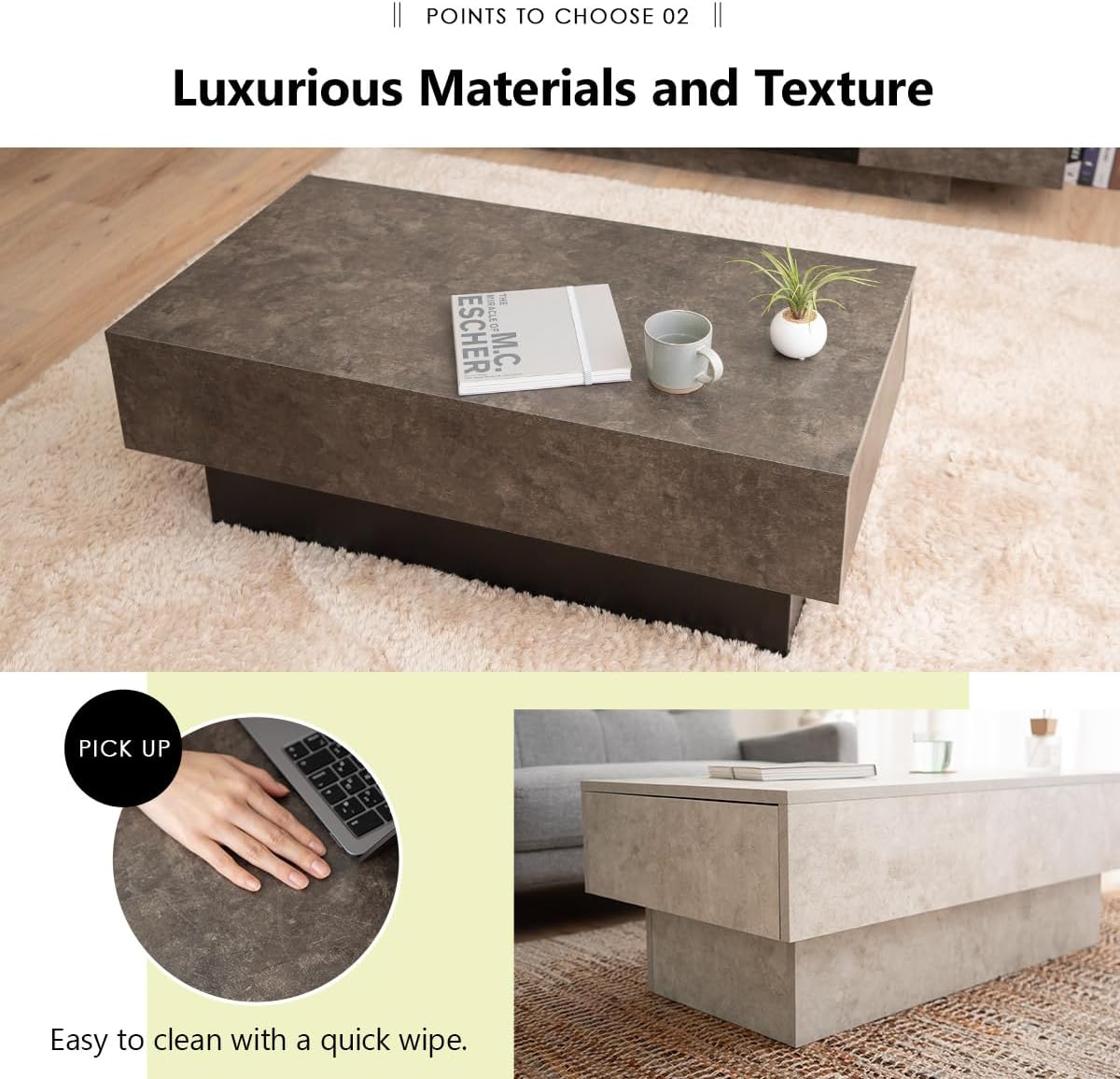 EMOOR Coffee Table with Large-Capacity Drawers Stone-Gray, Ceramic Marble-Look Living Room Center Table Sofa Floor Sitting