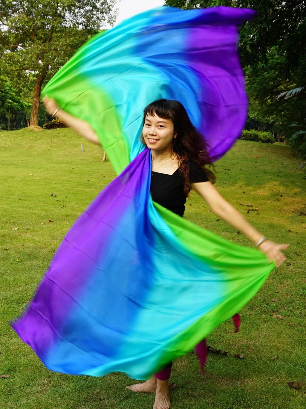 Winged Sirenny Multi-Color Sheer Flowy Diaphanous Oriental Dance Silk Veil, Lightweight Belly Dance Authentic Silk Shawl,green-turquoise-blue-purple