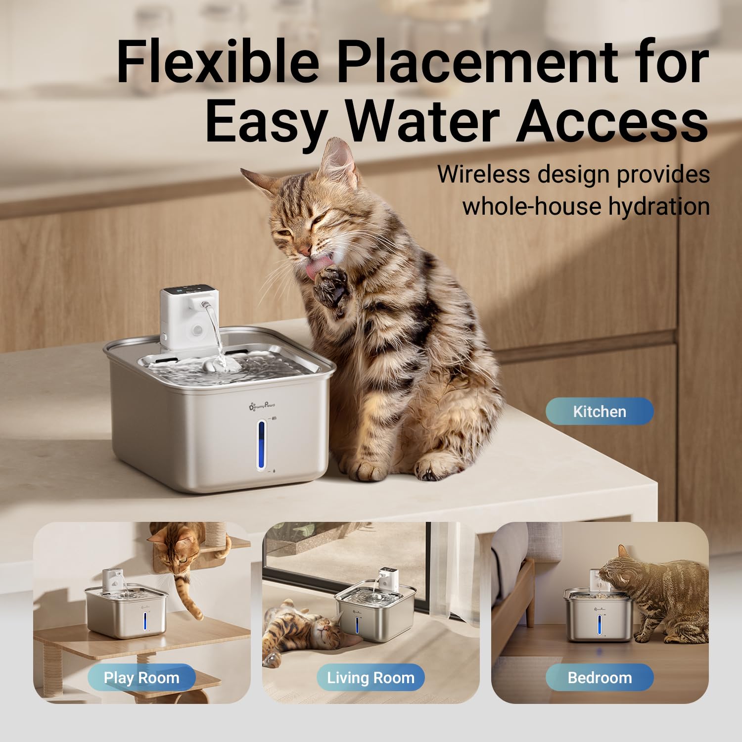 DownyPaws Fontanella per Gatti Acciaio senza Fili a Batteria 4000mAh, 3L con Sensore di Movimento, Silenziosa Dispenser Acqua con Multi-Filtrazione, Lavabile in Lavastoviglie, Bianco