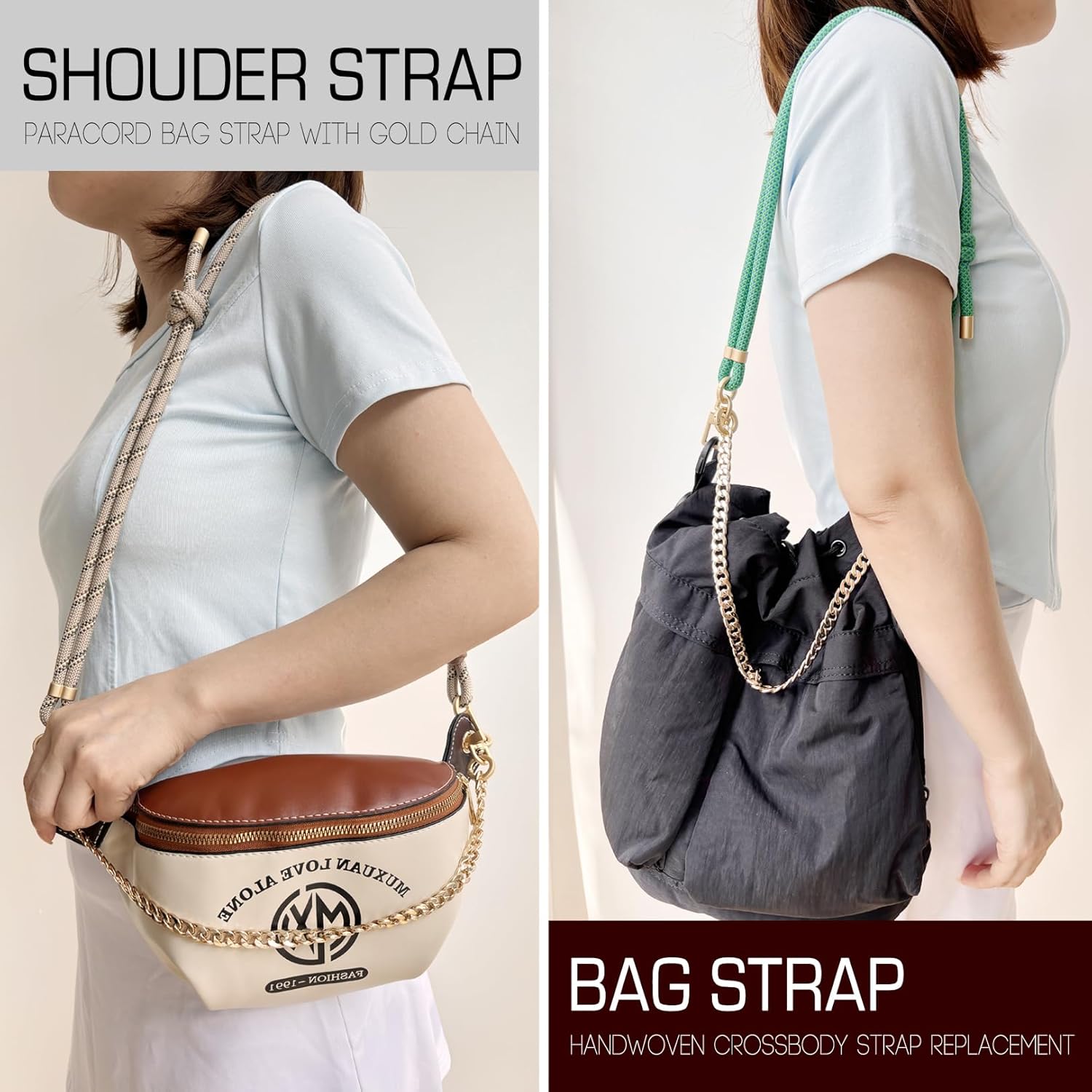 DAOSUN Paracord Rope Purse Straps Replacement Crossbody for Handbags,Adjustable Braided Bag Shoulder Strap with Gold Chain - Image 2