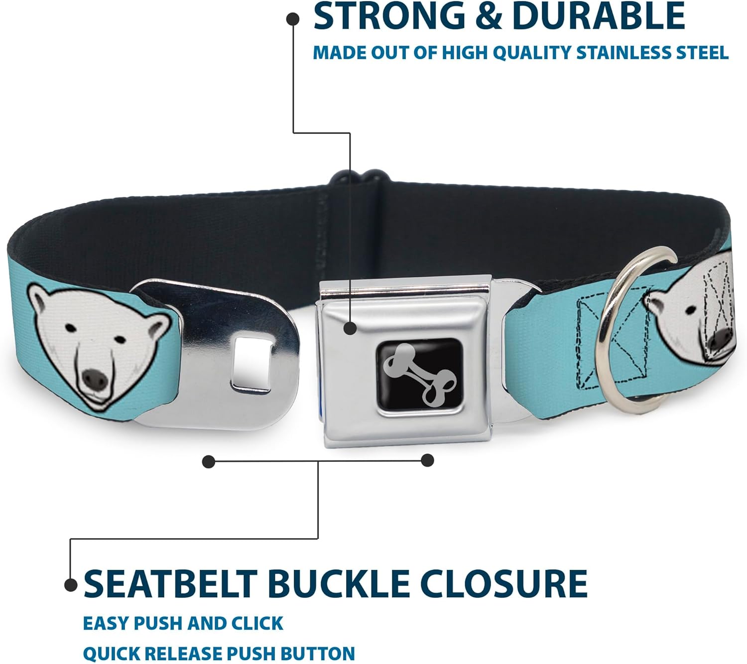 Dog Collar Seatbelt Buckle Polar Bear Repeat Baby Blue 15 to 26 Inches 1.0 Inch Wide