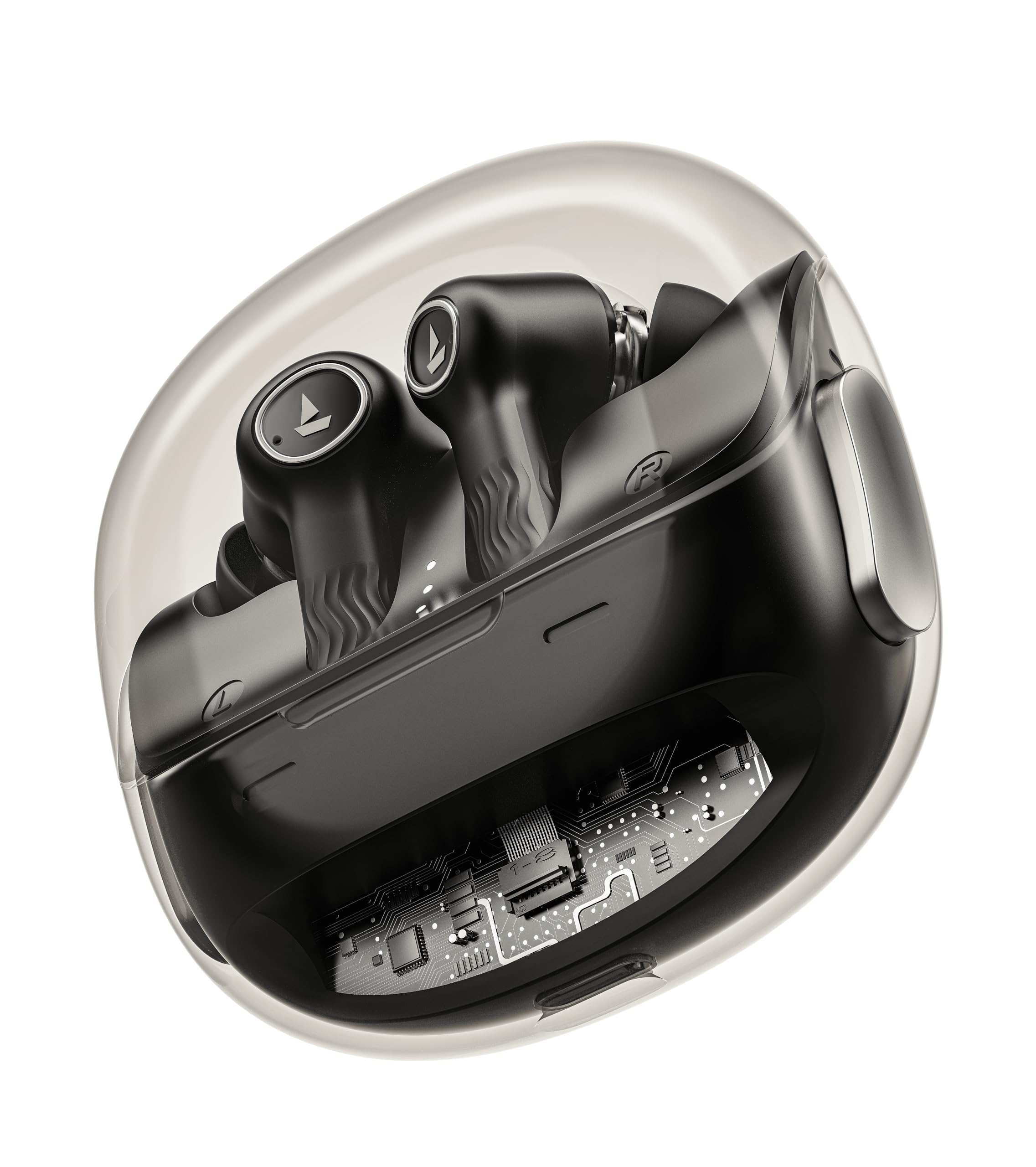 boAtNirvana Crystl (2025 Launch), Transparent Case,Spatial Audio, ANC(~32dB), 100Hrs Battery,4Mics ENx,App Support, Bluetooth Earbuds, TWS Ear Buds Wireless Earphones with mic (Quantum Black)