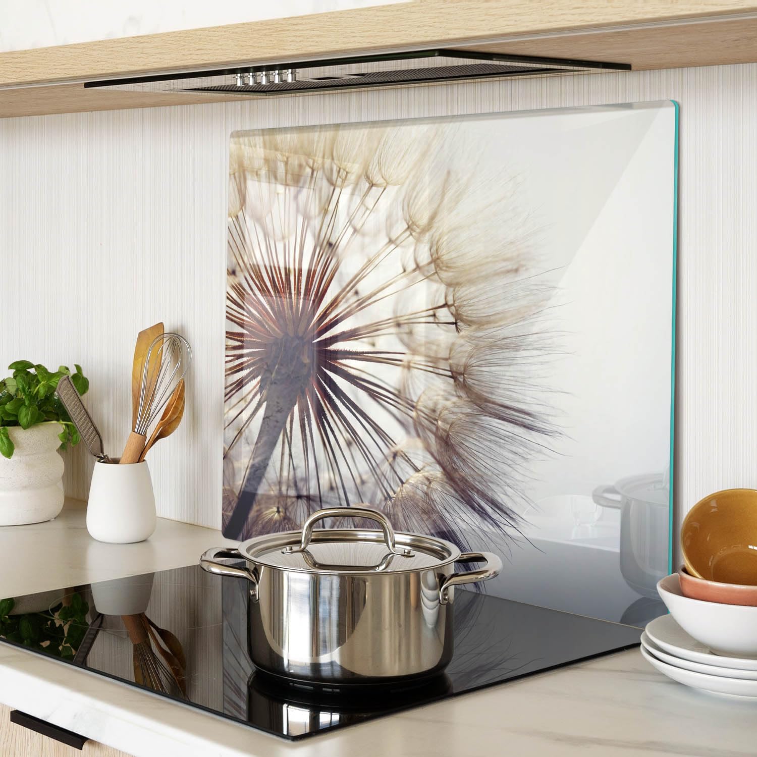 Glasschneidebrett 60x52 cm Antibakteriell Dünn Glasplatte für die Küche Rutschfest Silikonfüße Dekorativ Plastikfrei Gehärtetes Glas Hitzebeständig Lebensmittelecht - Löwenzahn