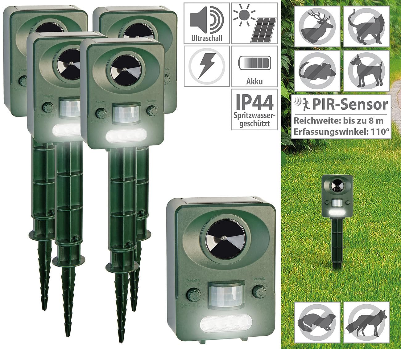Exbuster Rattenabwehr: 4er-Set Ultraschall-Solar-USB-Tierschreck mit Blitzlicht & PIR-Sensor (Elektrischer Katzenschreck, Solar-Ultraschall-Tierabwehr, Hund)
