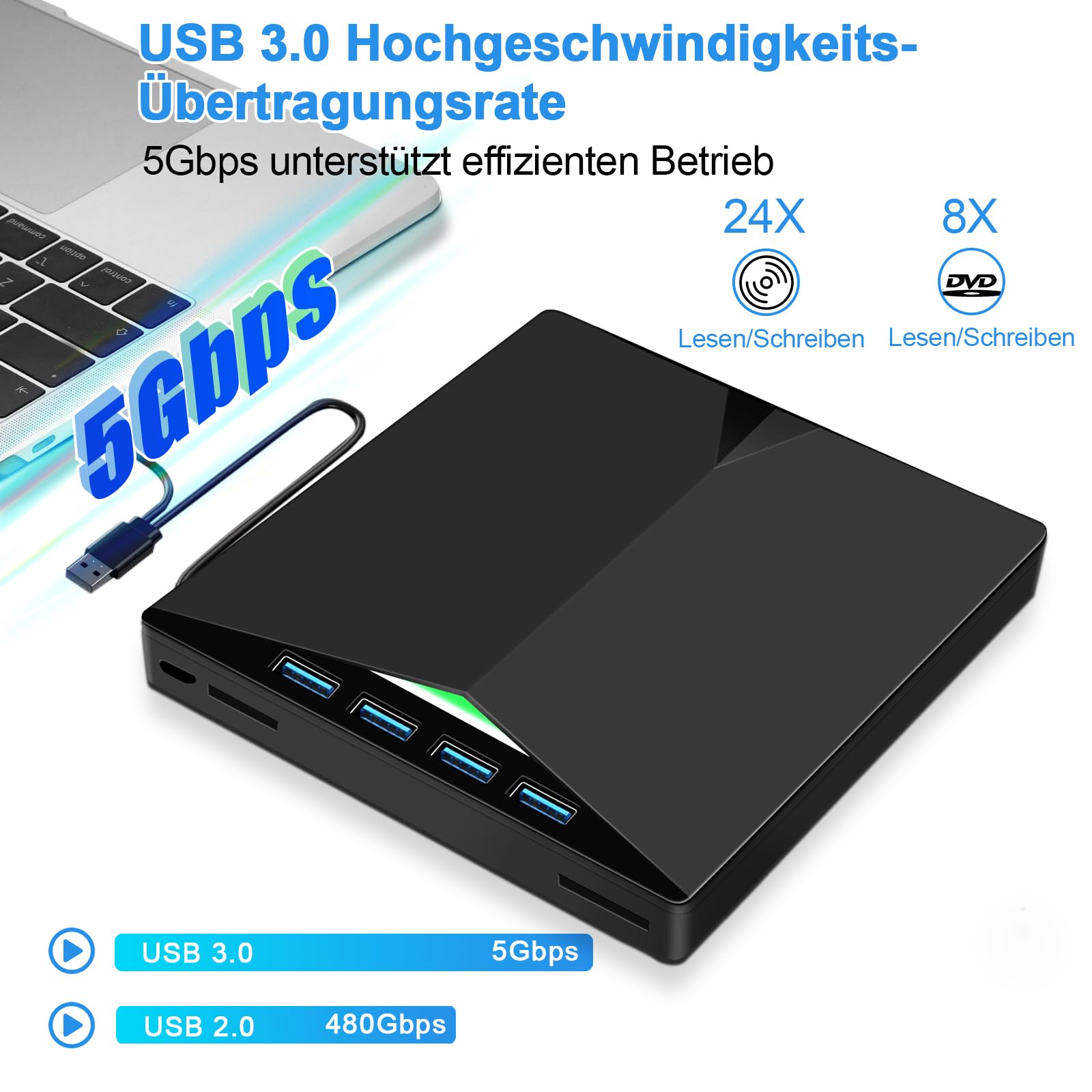 Zewnętrzny odtwarzacz CD/DVD do PC, USB 3.0 cienki przenośny rejestrator RW/ROM Napęd CD/DVD Player szybka transmisja wbudowany kabel USB do Windows 7/8/10/11, Vista, Linux, laptop, komputer