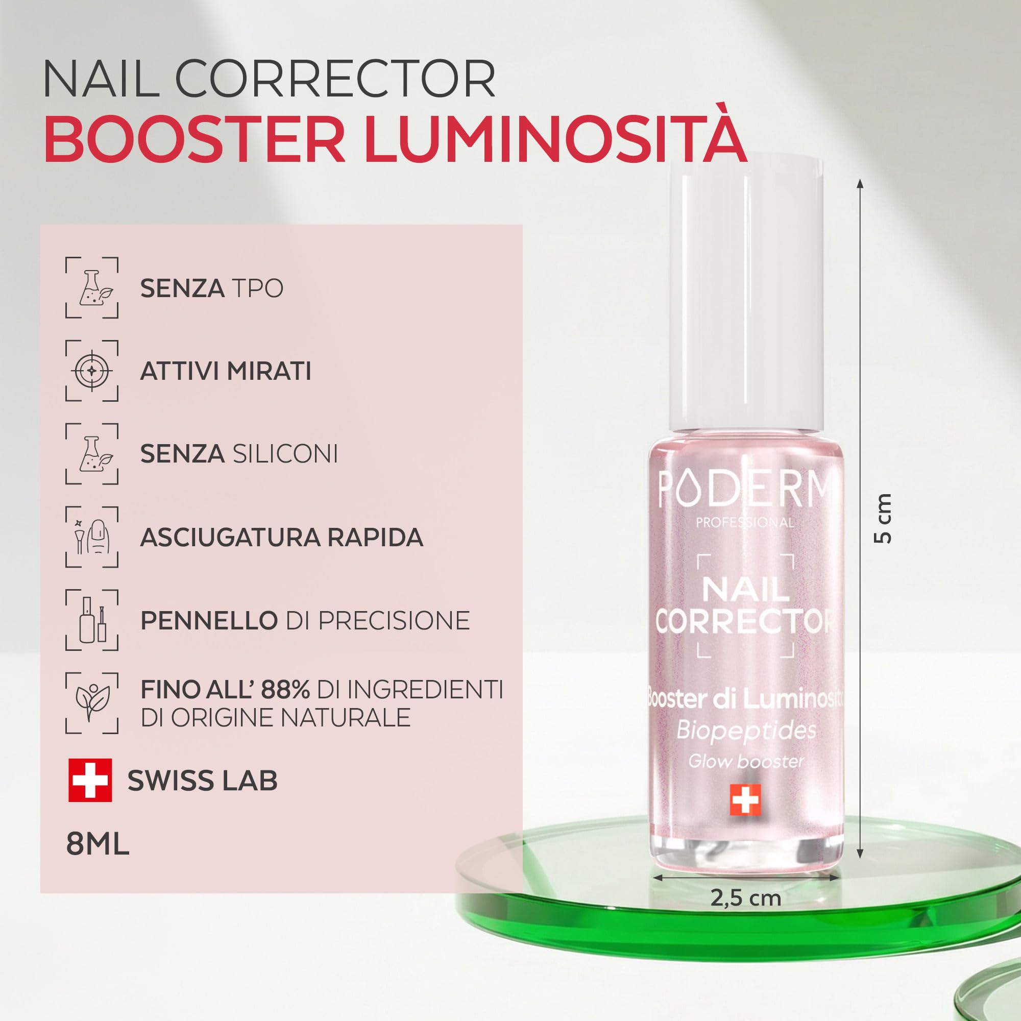 PODERM Smalto Trattamento Correttore & Perfezionatore – Booster di Luminosità | 8 ML – Ravviva Tonalità Rosa Naturale & Sublima la Brillantezza per Unghie Opaca | Sviluppato da un Podologo in Svizzera