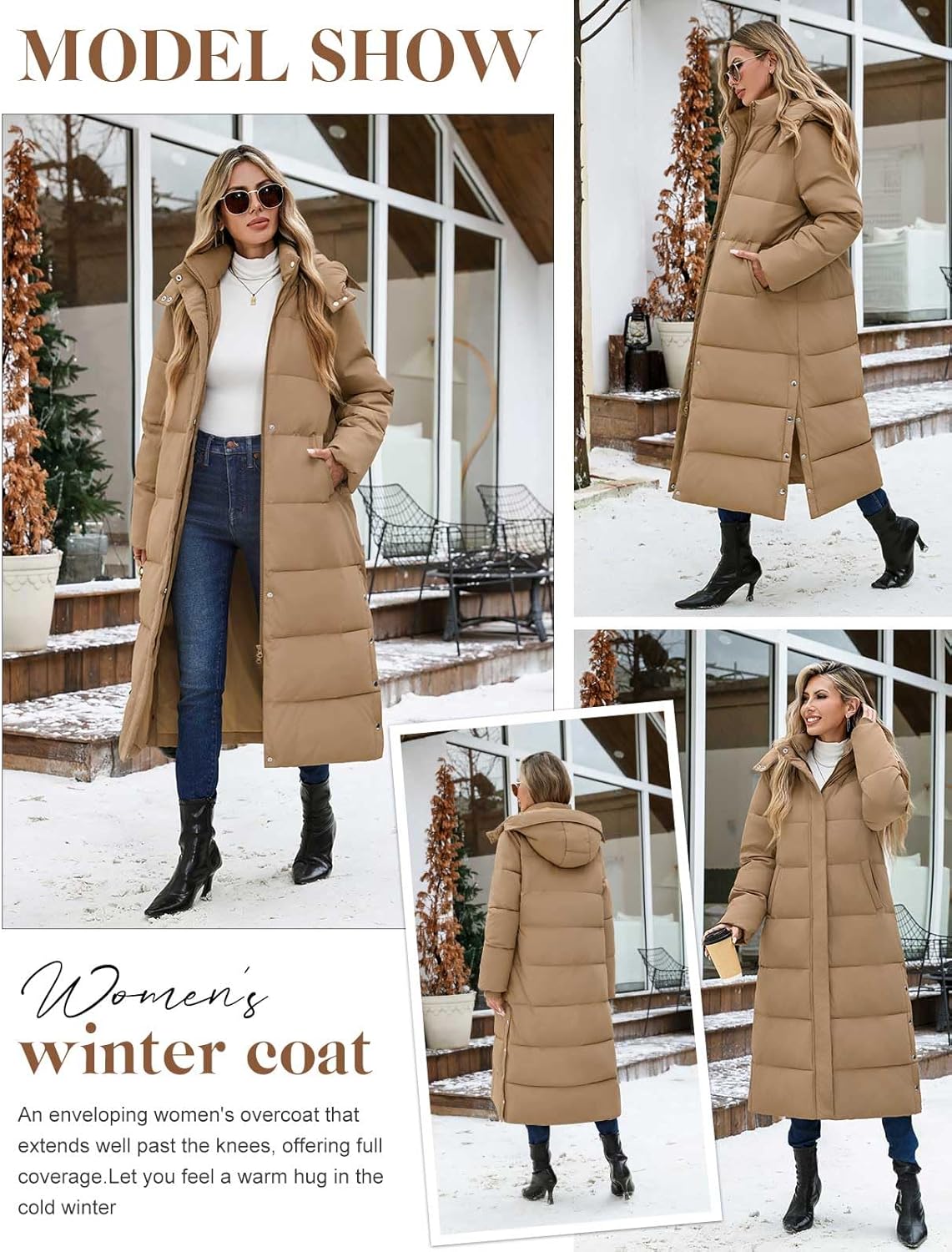 Women Long Puffer Coat Maxi Thickened Quilted Padded Jacket Winter Warm Zip Parka Removable Hood Buttoned Slit Hem - Image 6