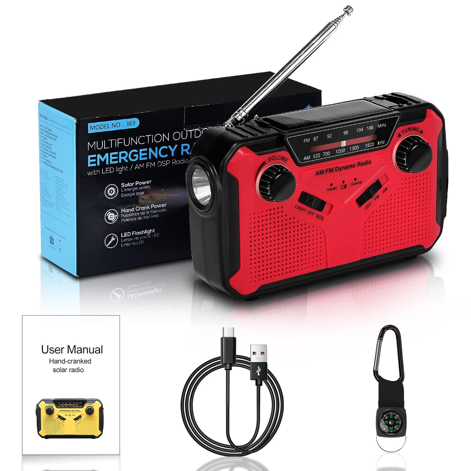 Radio Solaire Portable Radio d'urgence Météo 2500 mAh Radio à Manivelle avec AM FM Radio Dynamo Charge de Téléphone avec Lampe LED Alarme SOS Câble USB pour Randonnée Camping
