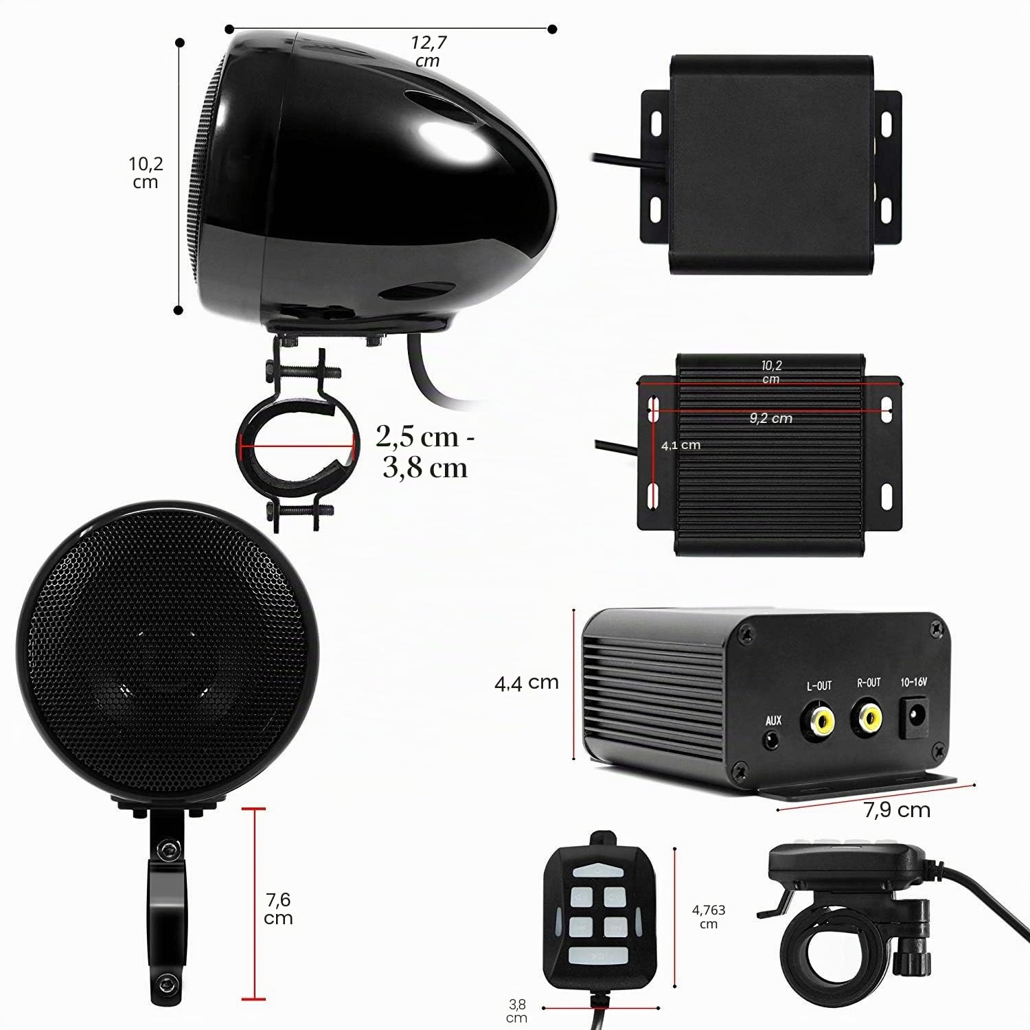 M150 Motorrad Verstärker Audio System mit AUX, MP3, FM Radio, 4 Zoll wasserdichte Bluetooth Stereo Lautsprecher, Fit für 1 zu 1,5 in. Lenker Motorräder ATV UTV RZR (Schwarz, Net)