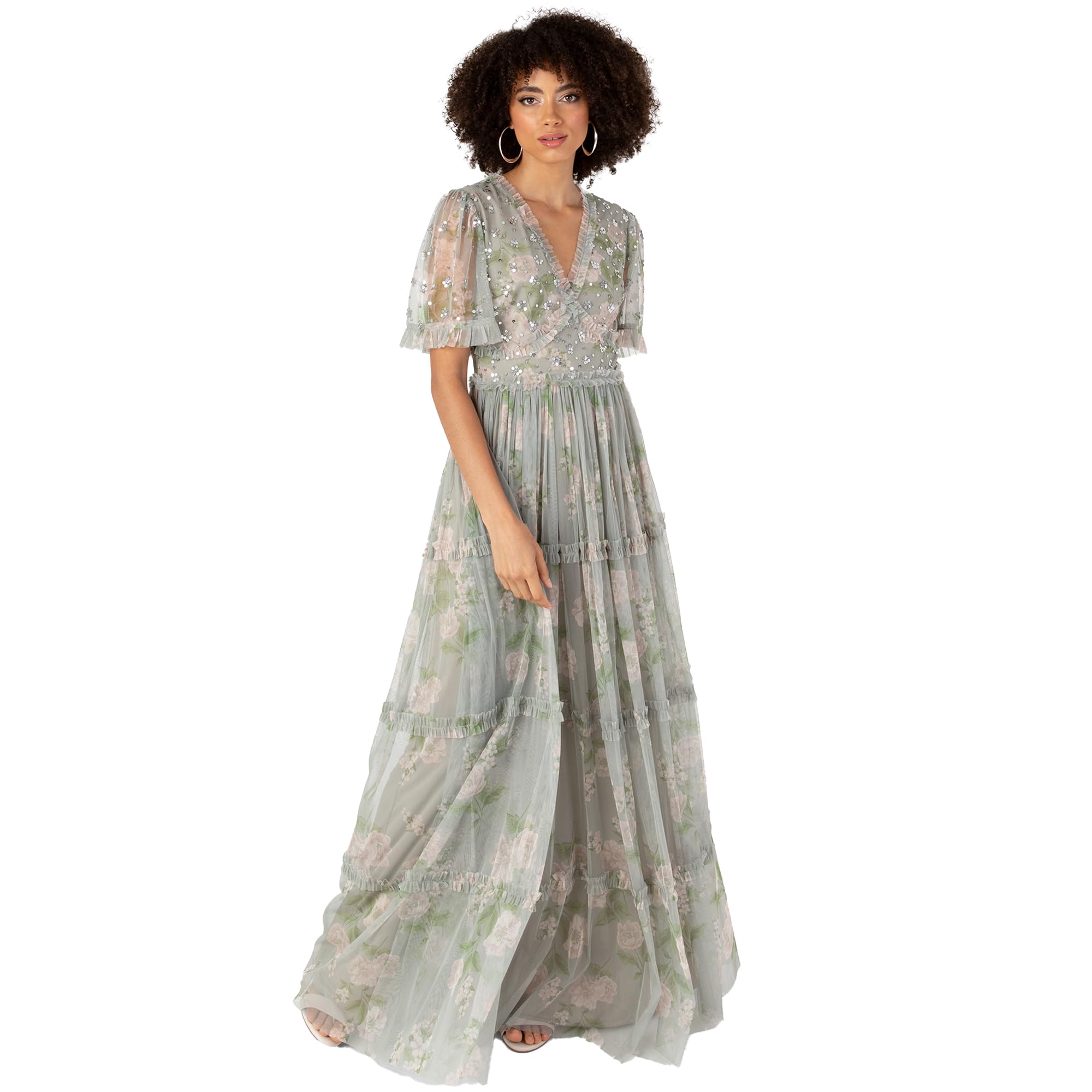 Women's Maxi Dress Ladies V-Neck Short Angel Sleeves Tiered Ruffle for Bridesmaid Wedding Guest Occasion Prom Ball Gown