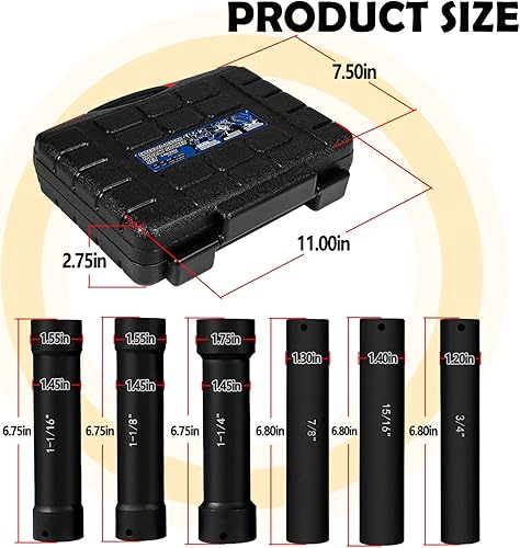 Miniatura 6 de Juego de llaves de impacto de longitud extendida de 1/2 pulgada, 6 tamaños, tamaños hexagonales de 3/4 pulgadas, 7/8 pulgadas, 15/16 pulgadas,