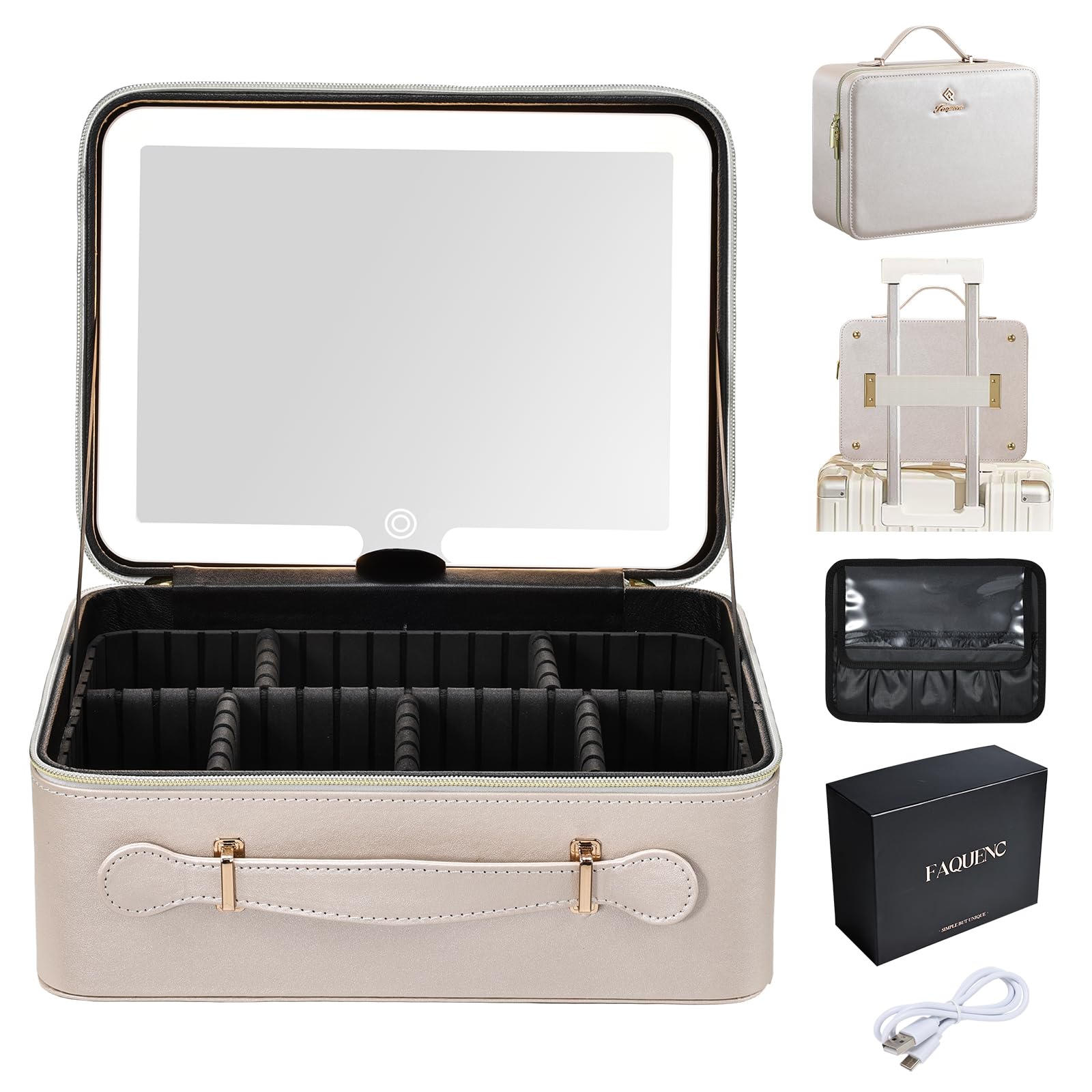 Photo 1 of **No LED Mirror*** Faquenc Leather Makeup Case with LED Lighted Mirror 11.4 Inch Travel Makeup Bag Adjustable Brightness in 3 Colors Cosmetic Organizer Artist Storage Bag with Dividers Brush Holder Bag Vanity Pale Gold