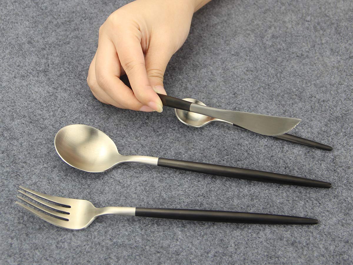 20 Stück Besteck Edelstahl Geschirr Set Geschirr Set Besteck Set inklusive Messer Gabeln Löffel Service für vier Personen schwarz und Silber 18/10 (4 Sätze)