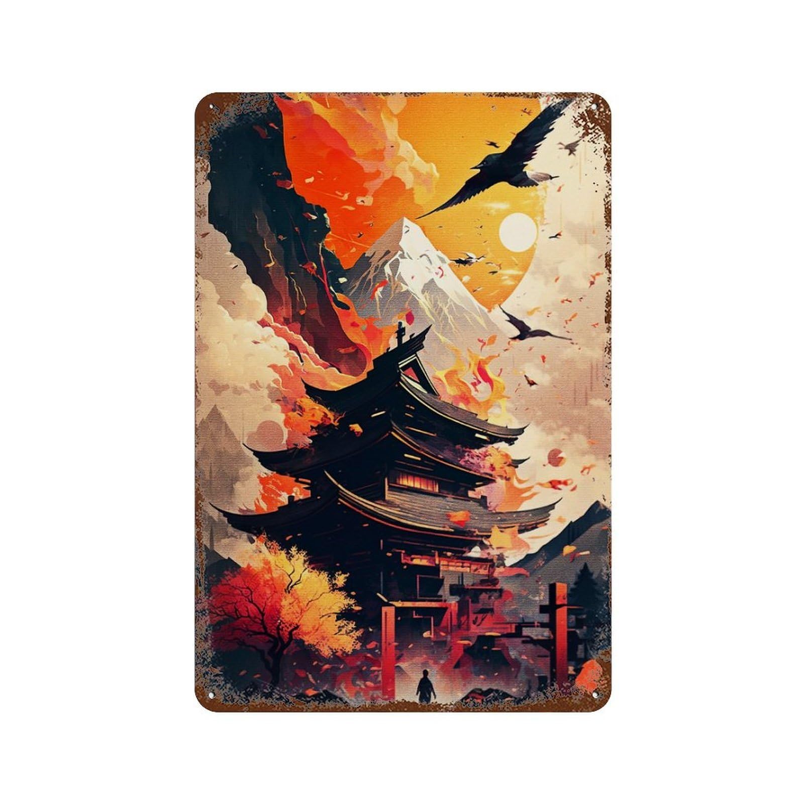 Fantasy Japan Art Aged Metal Wall Plaque 11.8"x7.9", Classic Wall Plaque for Garage, Pub Or Kitchen