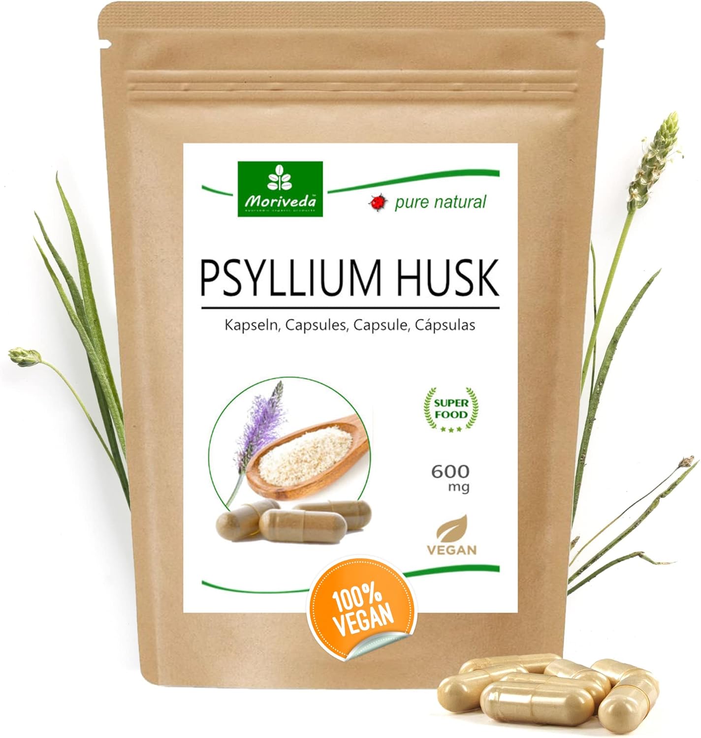 Psyllium husk capsules 100% psyllium husk poeder – darmspijsvertering detox – veganistisch en glutenvrij – 120 capsules by MoriVeda