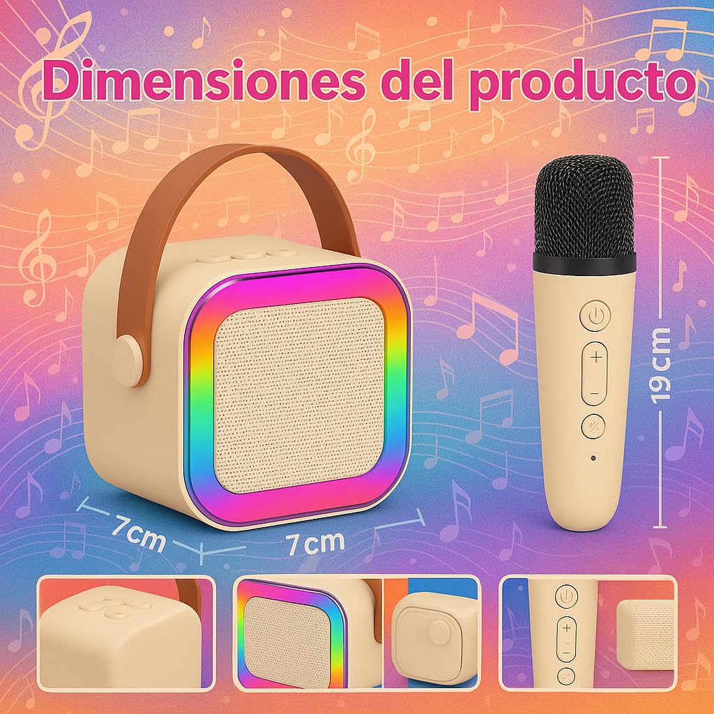 Karaoke con 2 micrófono inalámbricos. Mini Karaoke Infantil para niños. Bluetooth portátil con Altavoz y Luces LED y Efectos de Voz. Regalo para niños y Adultos