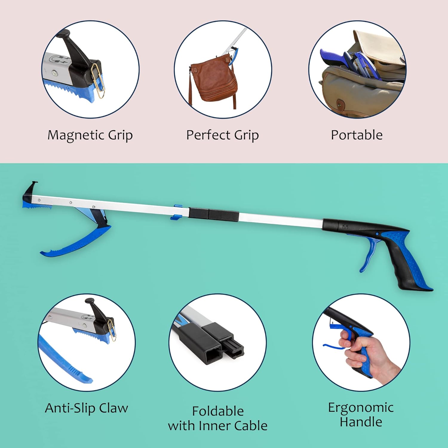 Blue Badge Foldable Litter Picker For Adults, Heavy Duty Grabber Stick