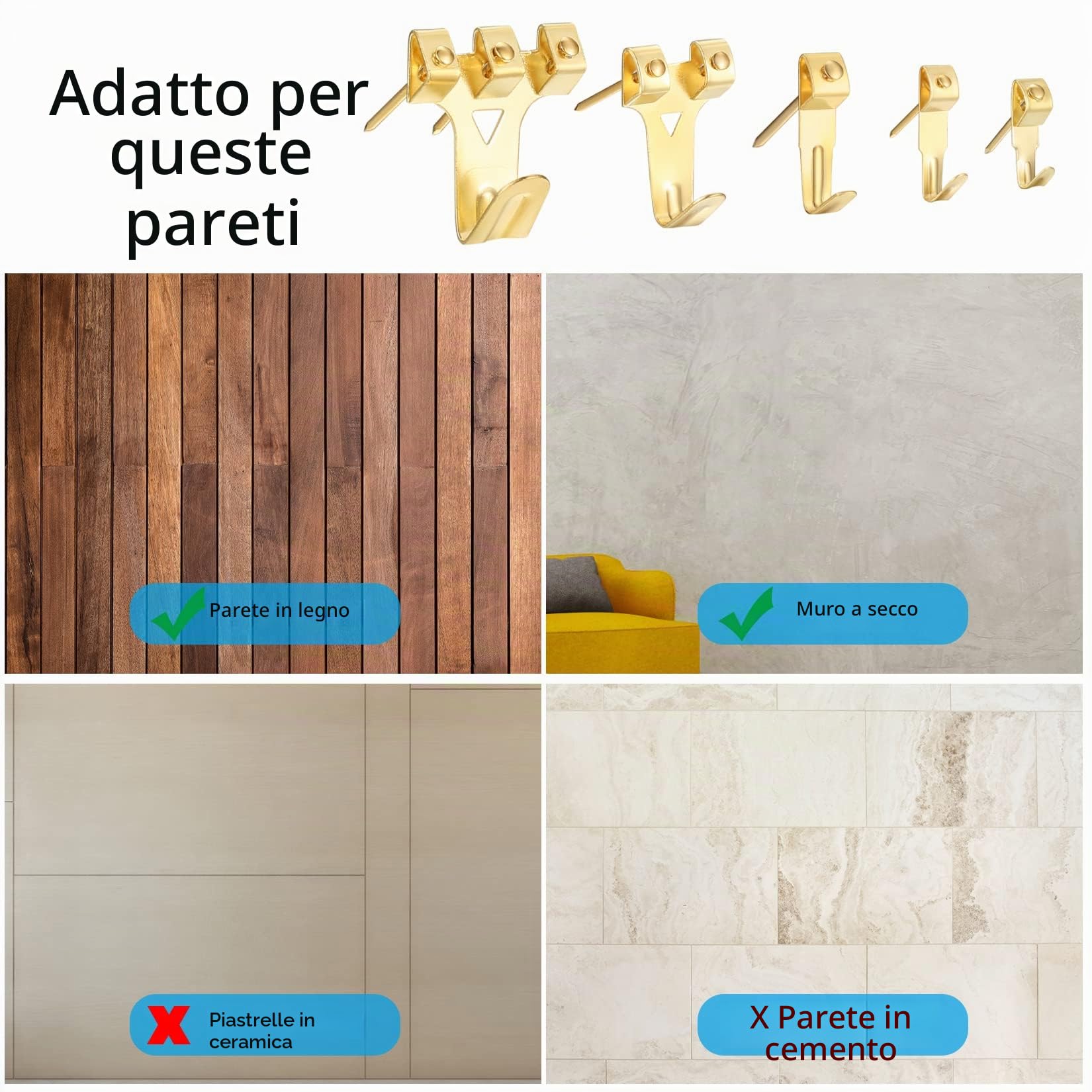 300 Pezzi Ganci per Appendere Quadri in Metallo con Chiodi, Occhi a Vite, Anelli a D, Supporti Appendiabiti Pesanti Kit