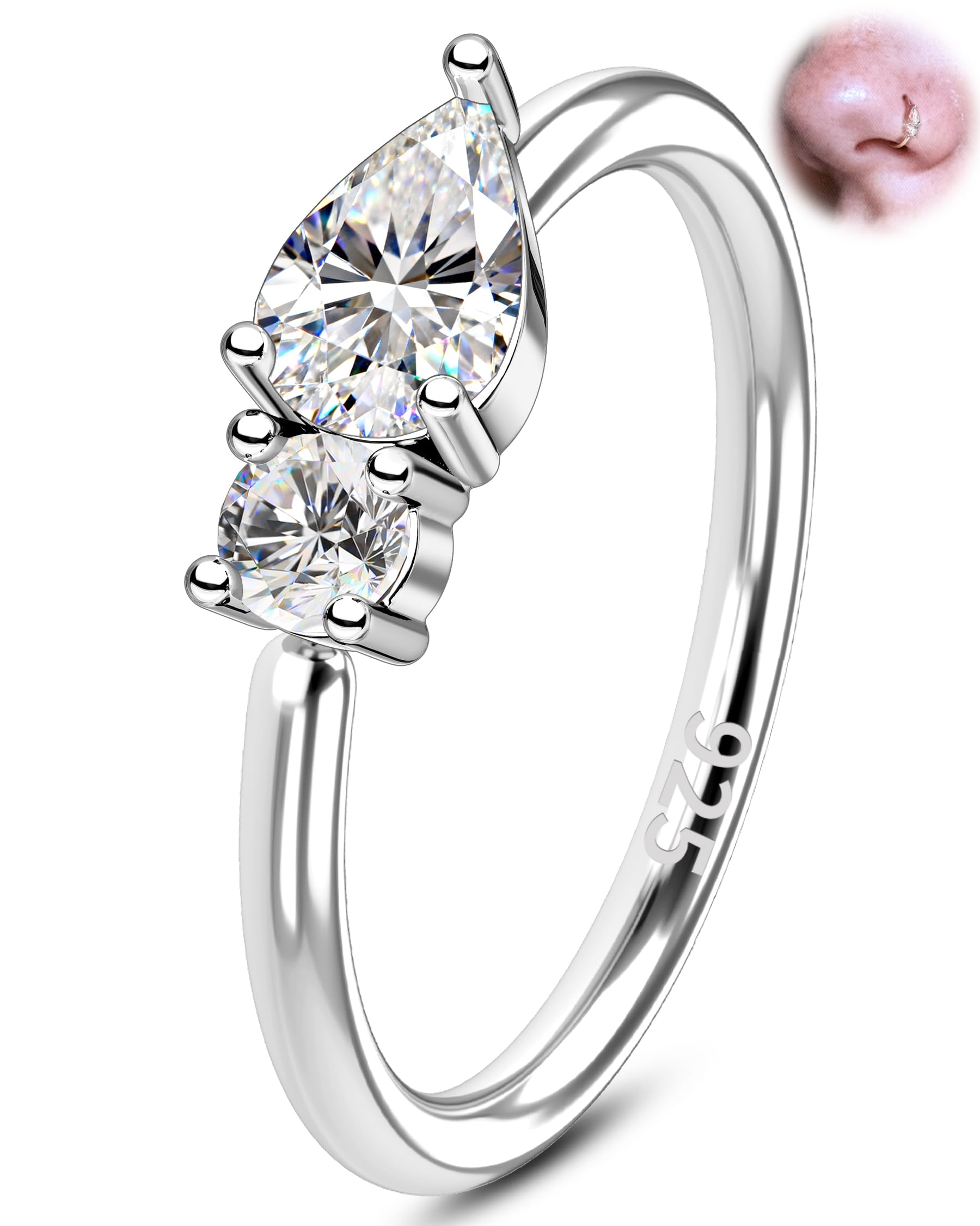 OUFER 20G Nasenpiercing Silber 925, 0,8 mm Offener Nasenring mit Tropfenförmigem, Transparent Zirkonia-Piercing, Geeignet für Nasenflügel, Tragus, Knorpel und Rook-Piercing Damen 8 mm