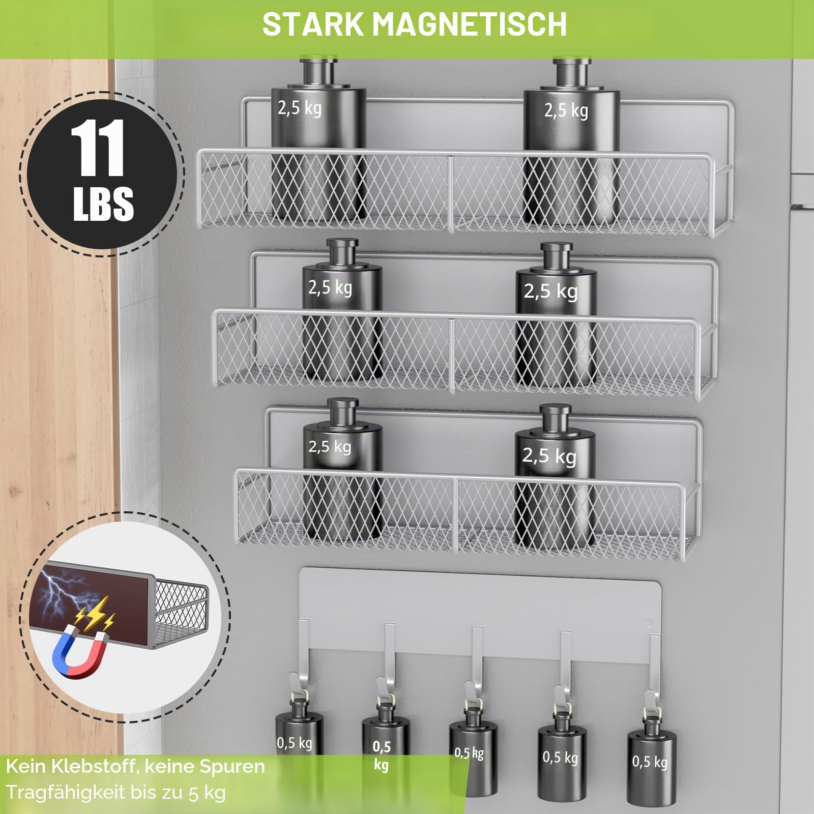 Magnetische Regale für Waschmaschine, robust, magnetischer Wäsche-Organizer mit Haken, Waschmaschinenregal für Kühlschrank, Metall-Aufbewahrungskörbe, Schrank und Waschküche, 4 Stück (grau)