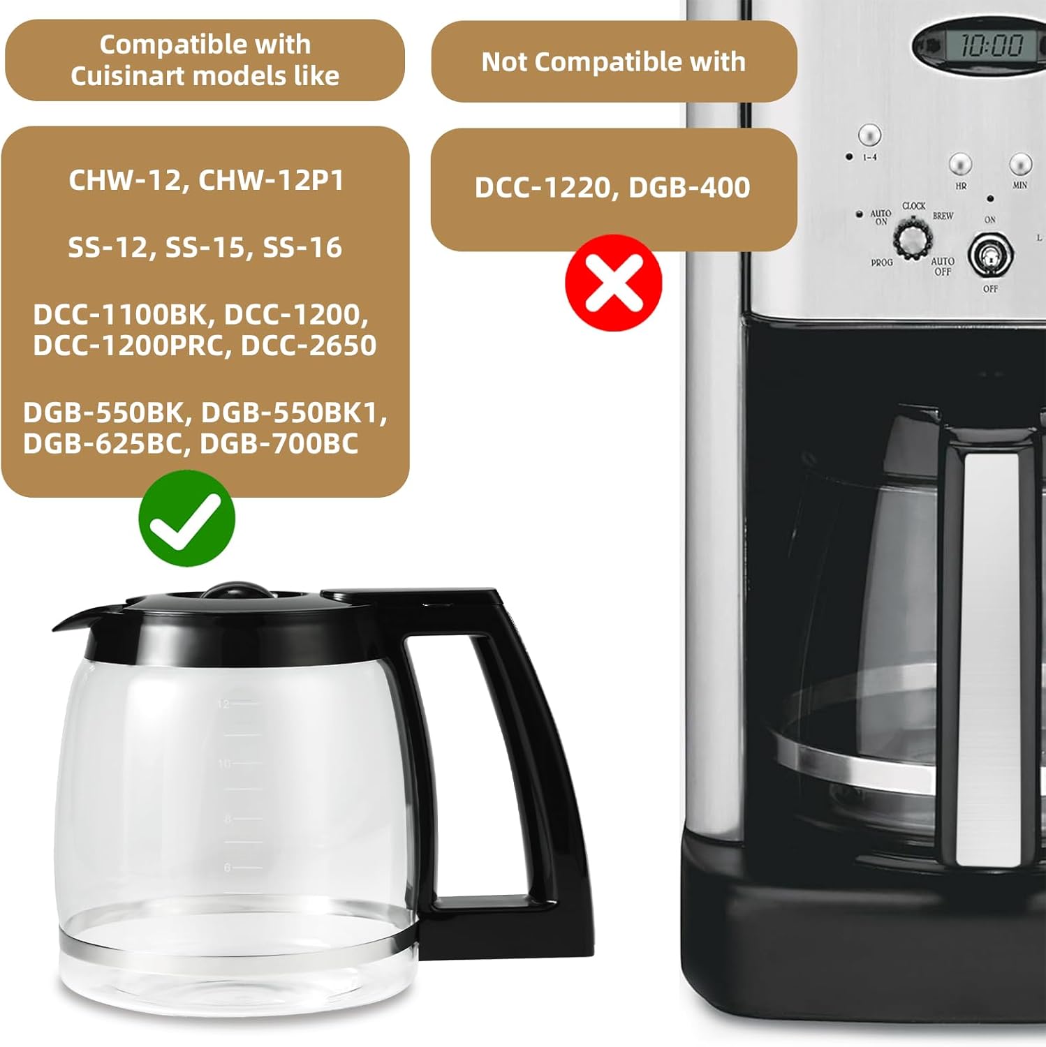 12-Cup Glass Coffee Carafe Replacement Compatible with Cuisinart Coffee Makers- Coffee Pot Replacement 12 Cup Fits Models DCC-1200PRC, DCC-1100BK, DGB-550BK, CHW-12, SS-12 - Image 2