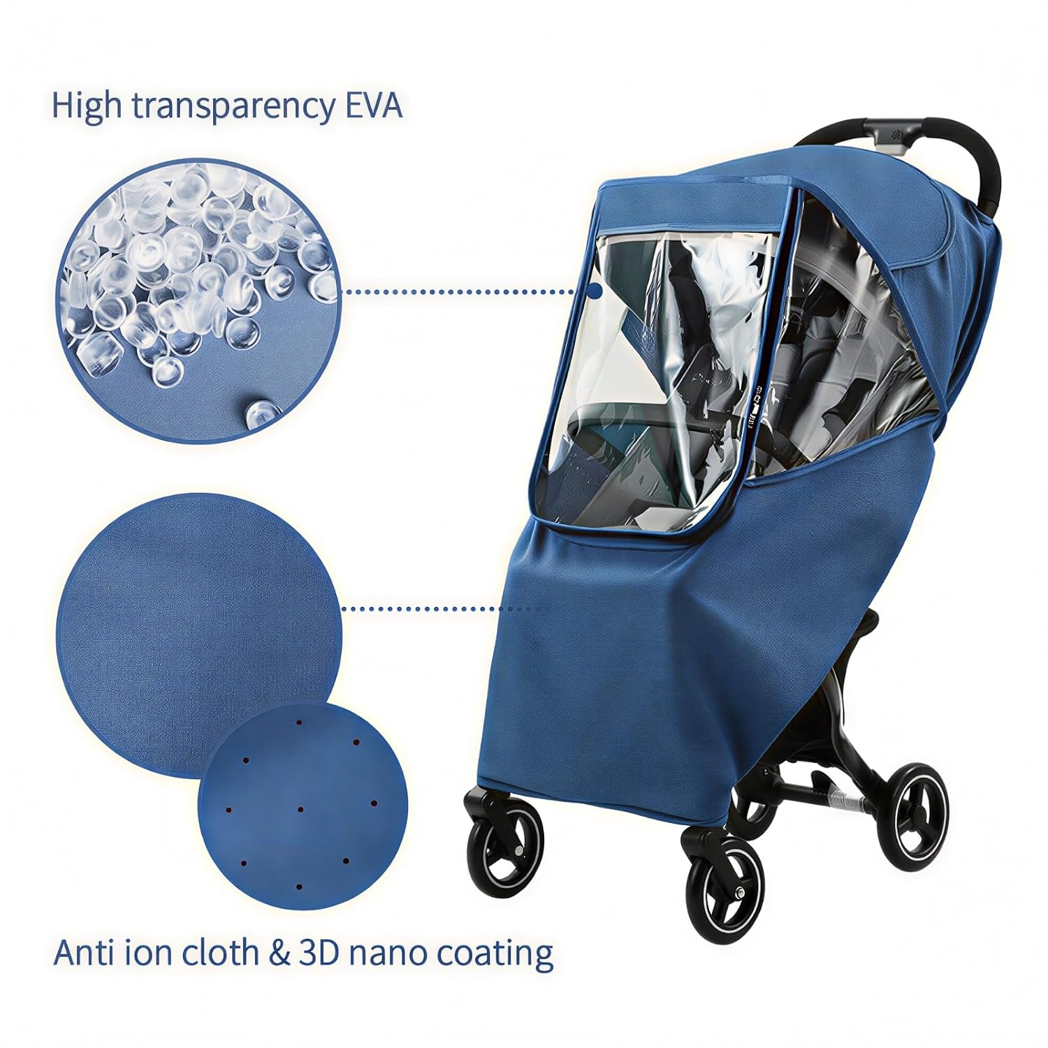 Stroller Rain Cover, Universal Accessory, Universal Rain Cover Weather Windproof Coldproof with Breathable Holes for Most Strollers (Linen Blue)