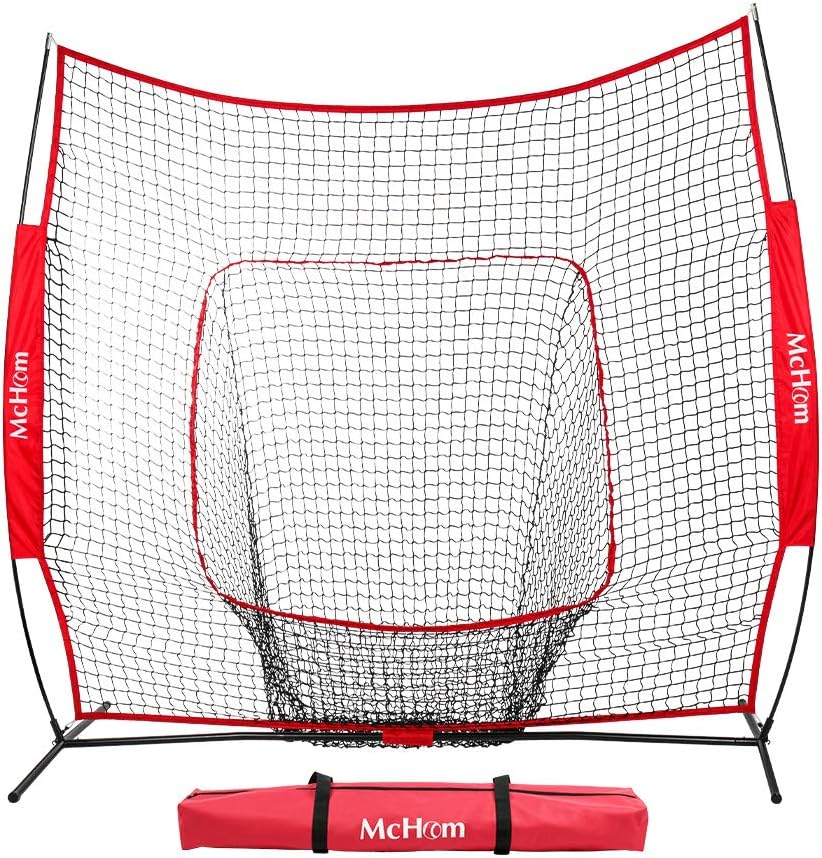 7ft x 7ft Baseball & Softball Practice Net for Hitting & Pitching Practice with Bow Frame, Collapsible and Portable, Red