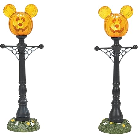 Department 56 Disney Village Halloween Accessories Pumpkintown Mickey Mouse Street Lights Lit Figurine Set, 4.625 Inch, Multicolor