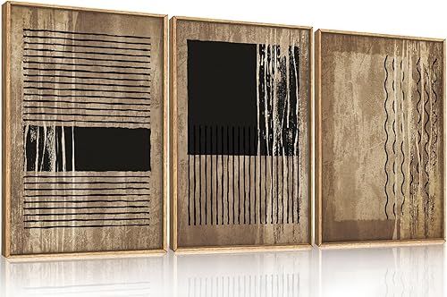 CHDITB Decoración de pared de línea abstracta, lienzo enmarcado vintage negro y marrón, arte moderno de mediados de siglo, decoración del hogar,