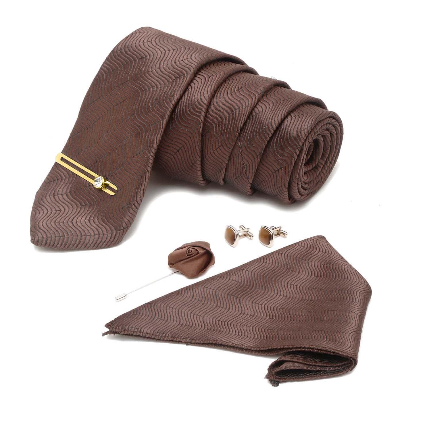 Mens Van Dyke Brown Italian Silk Necktie Set Incl Pocket Square Cufflinks Golden Tiepin Brooch American Style Formal Tie Gift Set for Men (BR08GP)-image-19