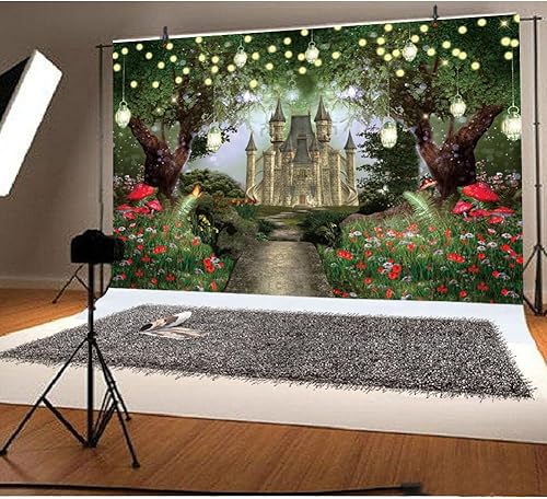 Miniatura 4 de Renaiss Telón de fondo de vinilo de 5 x 3 pies, castillo medieval antiguo en el bosque de hadas, el país de las maravillas con luces brillantes,