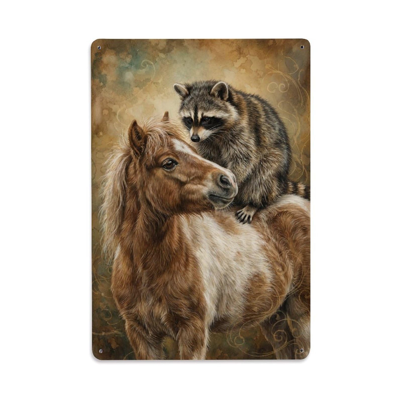 Metal Tin Sign Vintage Animal Cute Pony & Raccoon Animal Friendship