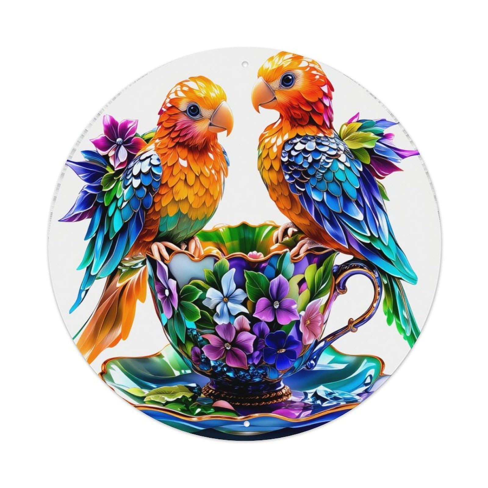 Colorful Parrots Floral Teacup Art Round Tin Sign Retro Metal Sign for Cafe Bar Pub Home Game Room Gym Club Wall Decoration Vintage Metal Poster 8x8 Inch