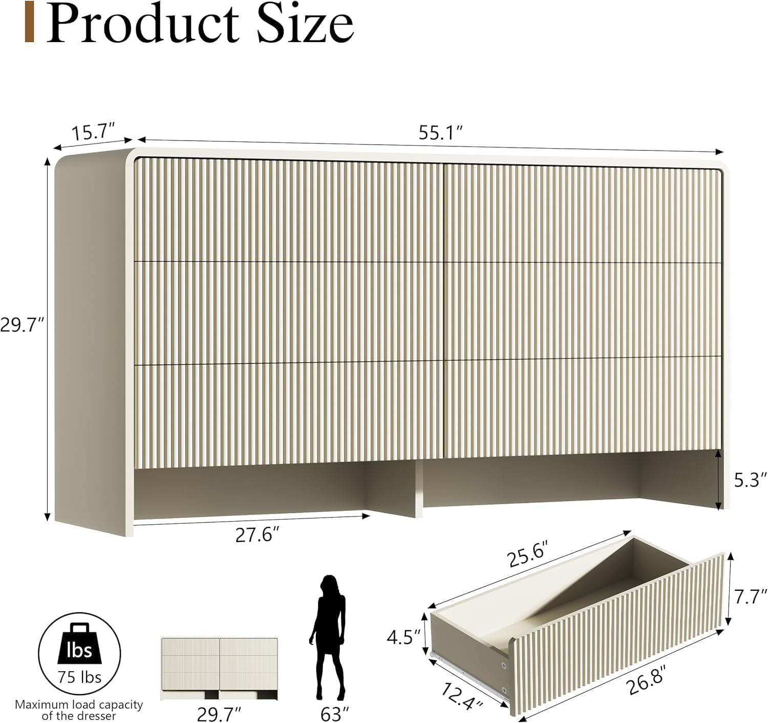 Furniway 55" Wide Modern Dresser for Bedroom, 6 Drawer Chest of Drawers with Curved Design, Push-to-Open Storage Dresser, Beige