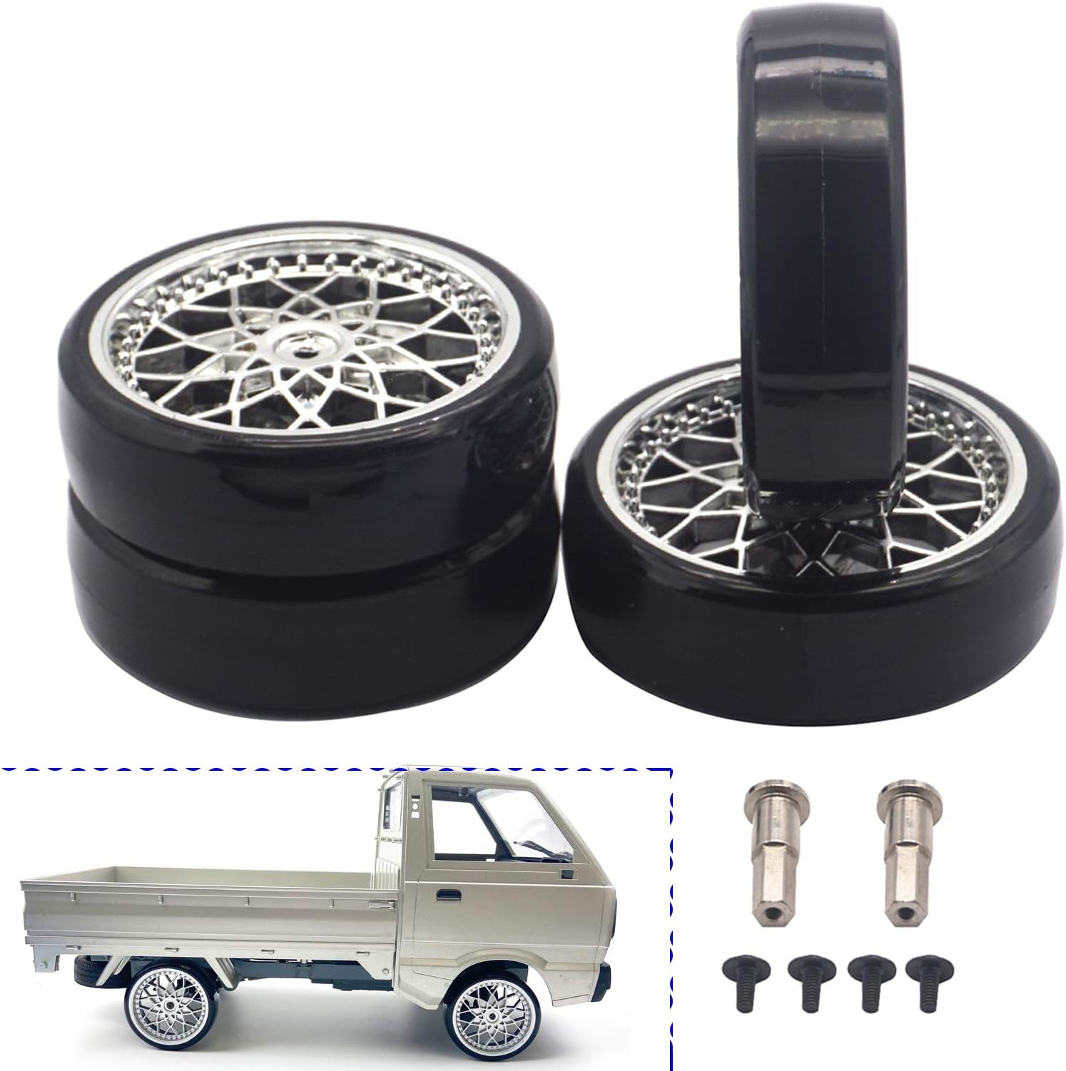 Mirthobby 4Pcs Hard Plastic RC Car Drift Tires Wheel Rim with 2Pcs 5mm Metal Hub Hex Adapter Coupling for WPL D12 1/10 RC Car (Sliver)