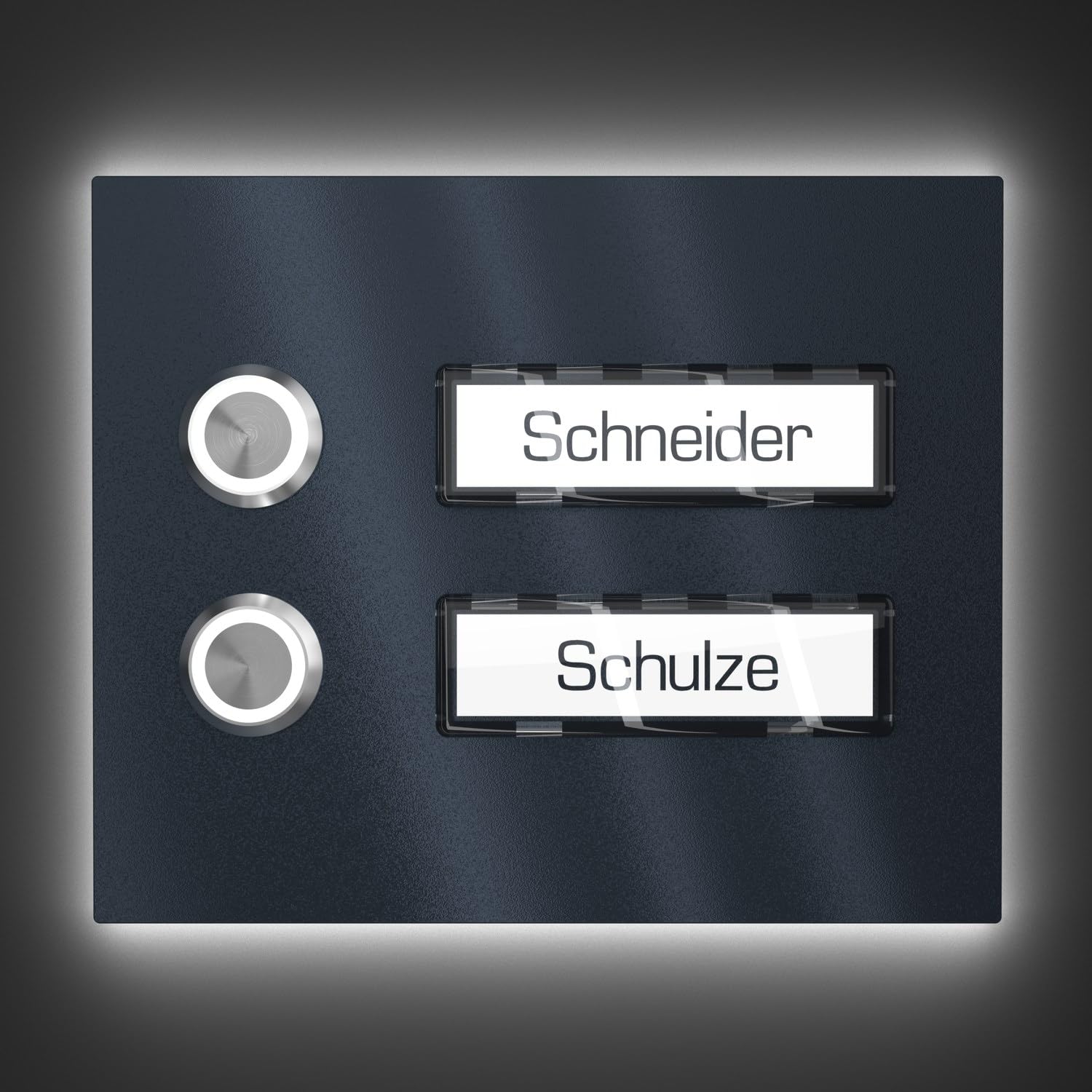 Mehrfamilien Aufputz Türklingel mit LED Klingeltaster 2 Namensschilder - V2A Edelstahl Klingel 140x115 mm Pulverbeschichtet RAL 7016 - Name Beleuchtung wählbar Zweifamilienhaus