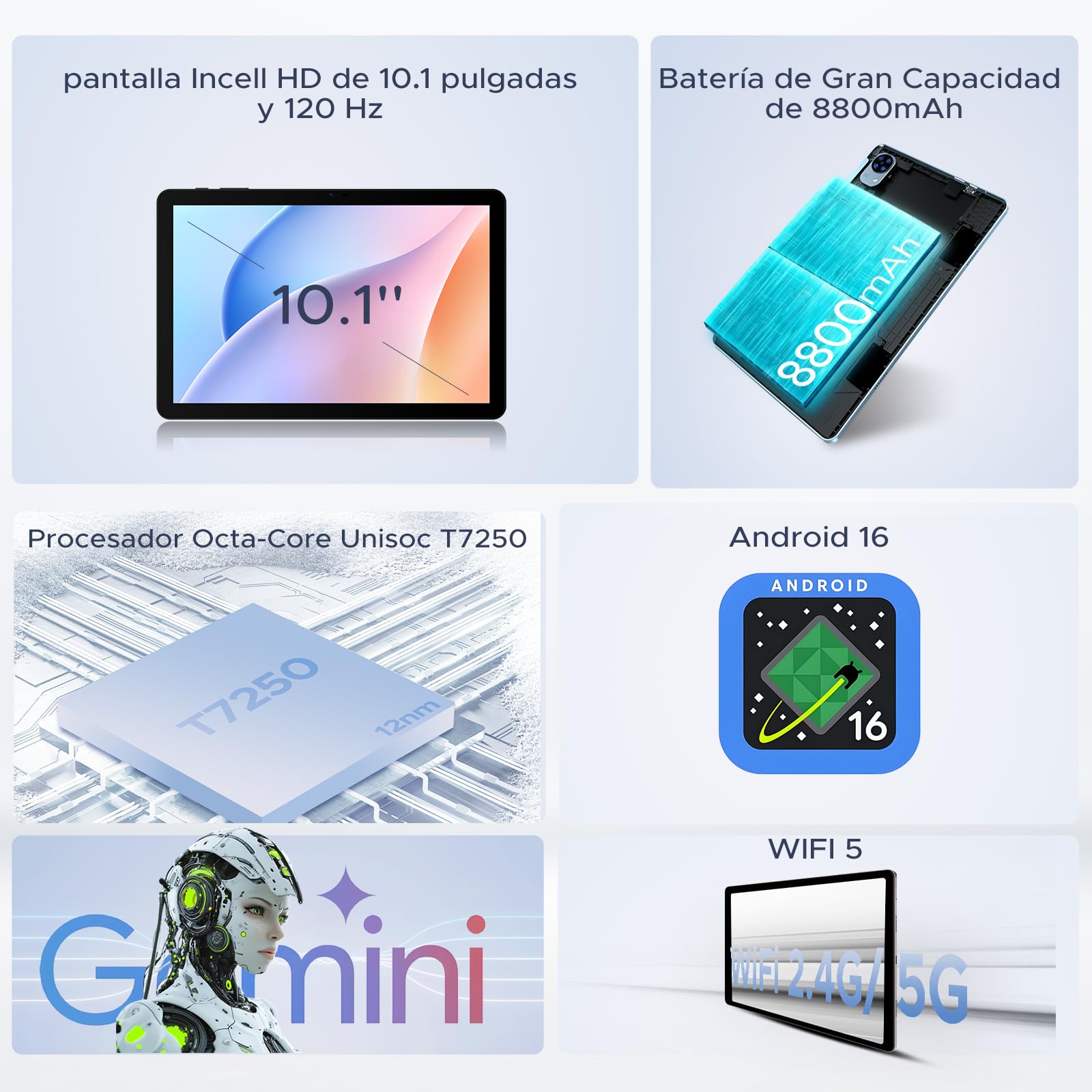 P10 Pro Tablet Android 16, Tablet 10 Pulgadas with Gemini AI, 48GB RAM+128GB ROM/2TB, Octa-Core T7250, 120Hz, 8800mAh, 13MP+5MP, Face ID, GPS, 5G WiFi, OTG, Tablet con Teclado y Lapiz, Negro