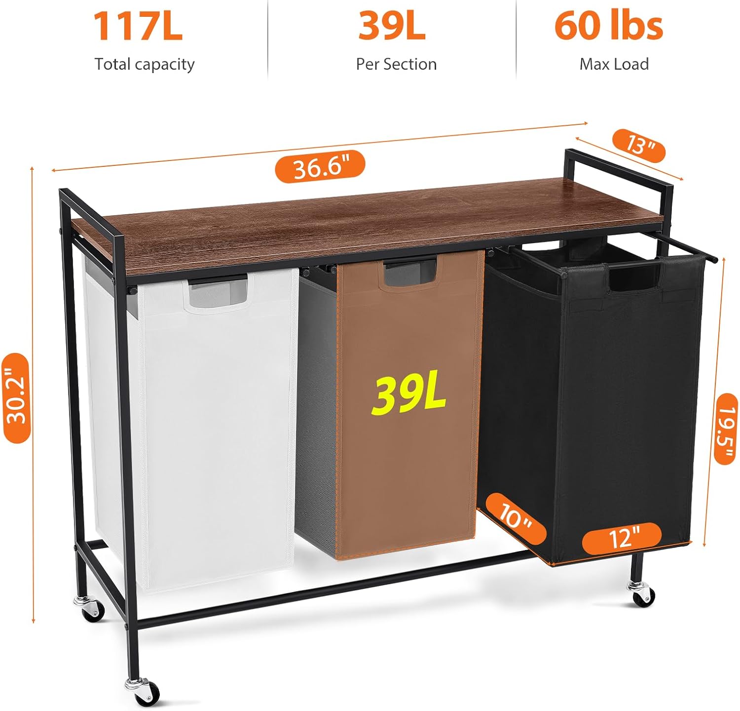 Laundry Sorter 3 Section, Rolling Laundry Hamper with Shelf, 3 Compartment Laundry Basket with Lid, Organizer Rustic Wooden Top