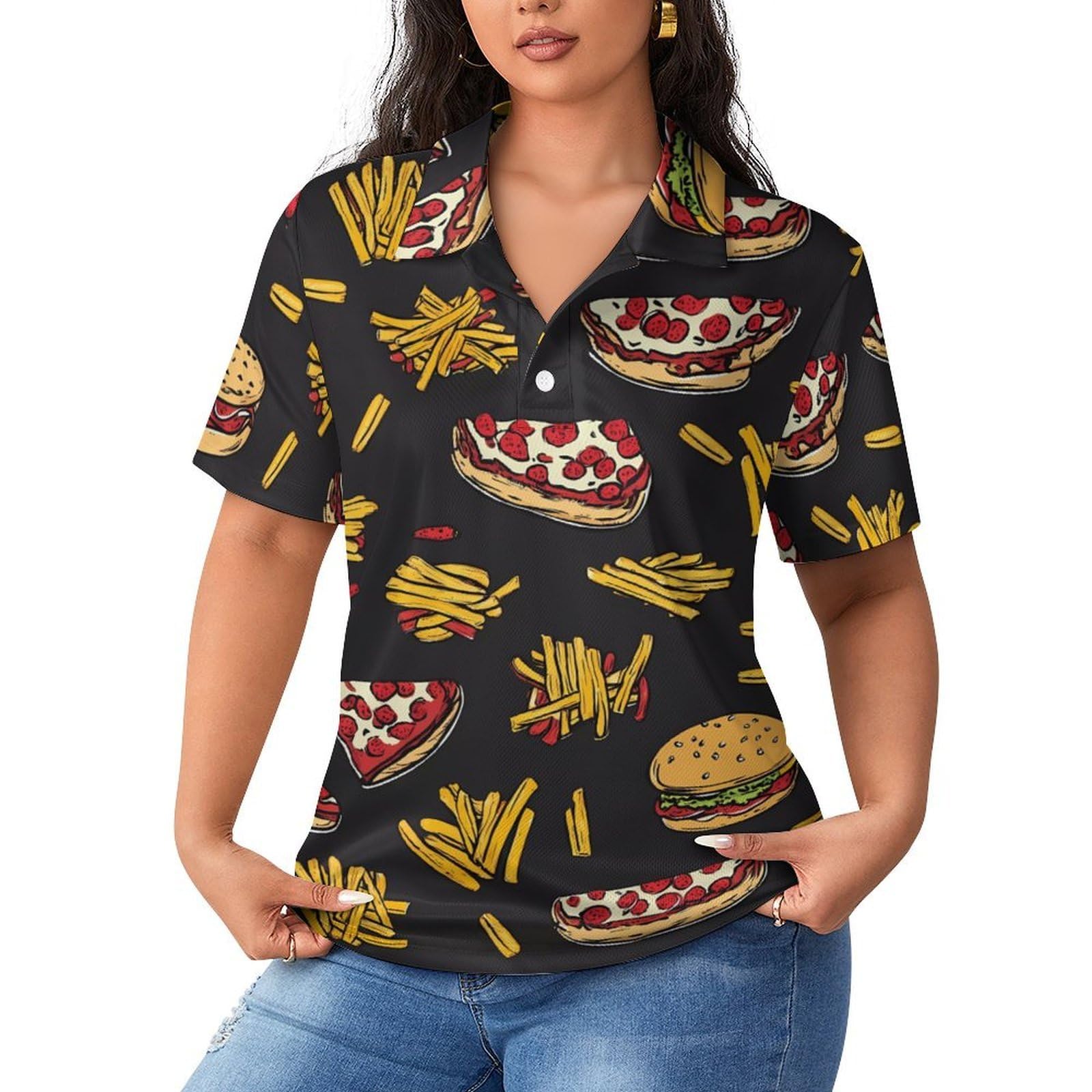 Polo de manga corta para mujer transpirable de ocio con estampado original de comida 8