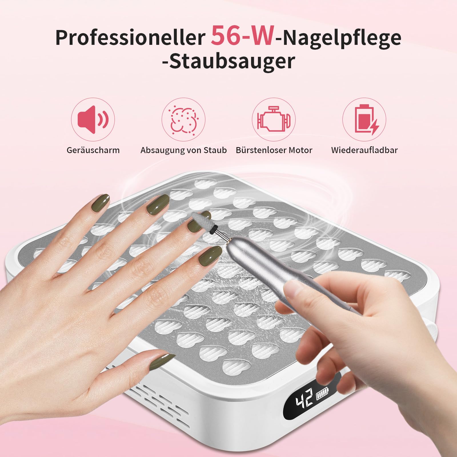 Kabellose Staubabsaugung für Nägel, 56W Nagelstaubsauger Akku mit 2 Filters,Nagelstaubreiniger für Acryl- und Gelnägel, Salon und Zuhause mit 1 Bürste