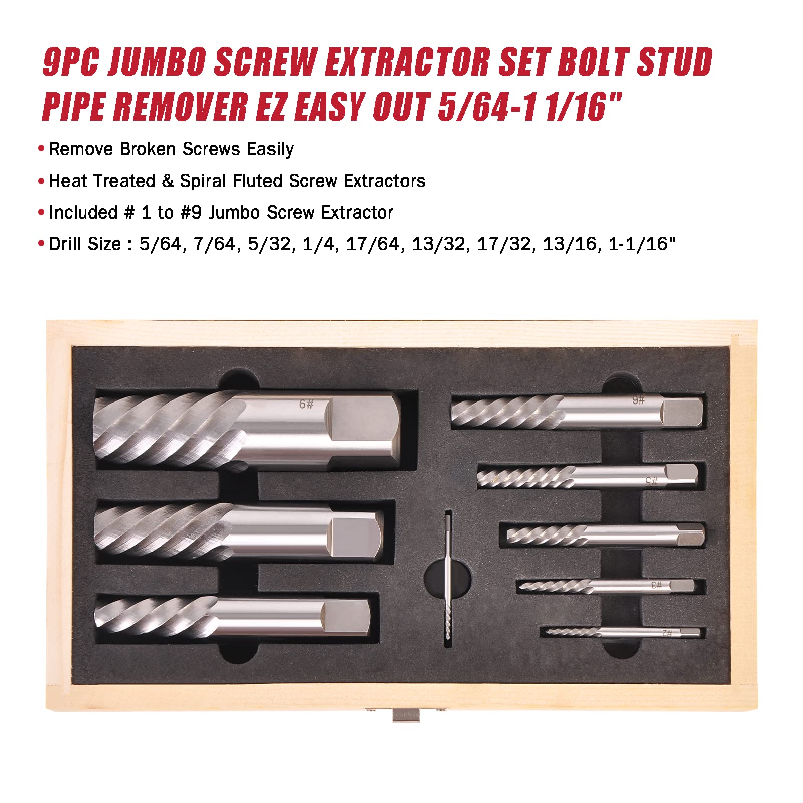 Set di estrattori a vite Jumbo 9 pezzi per rimuovere il tubo della vite prigioniera Easy Out 5/64-1 1/16"