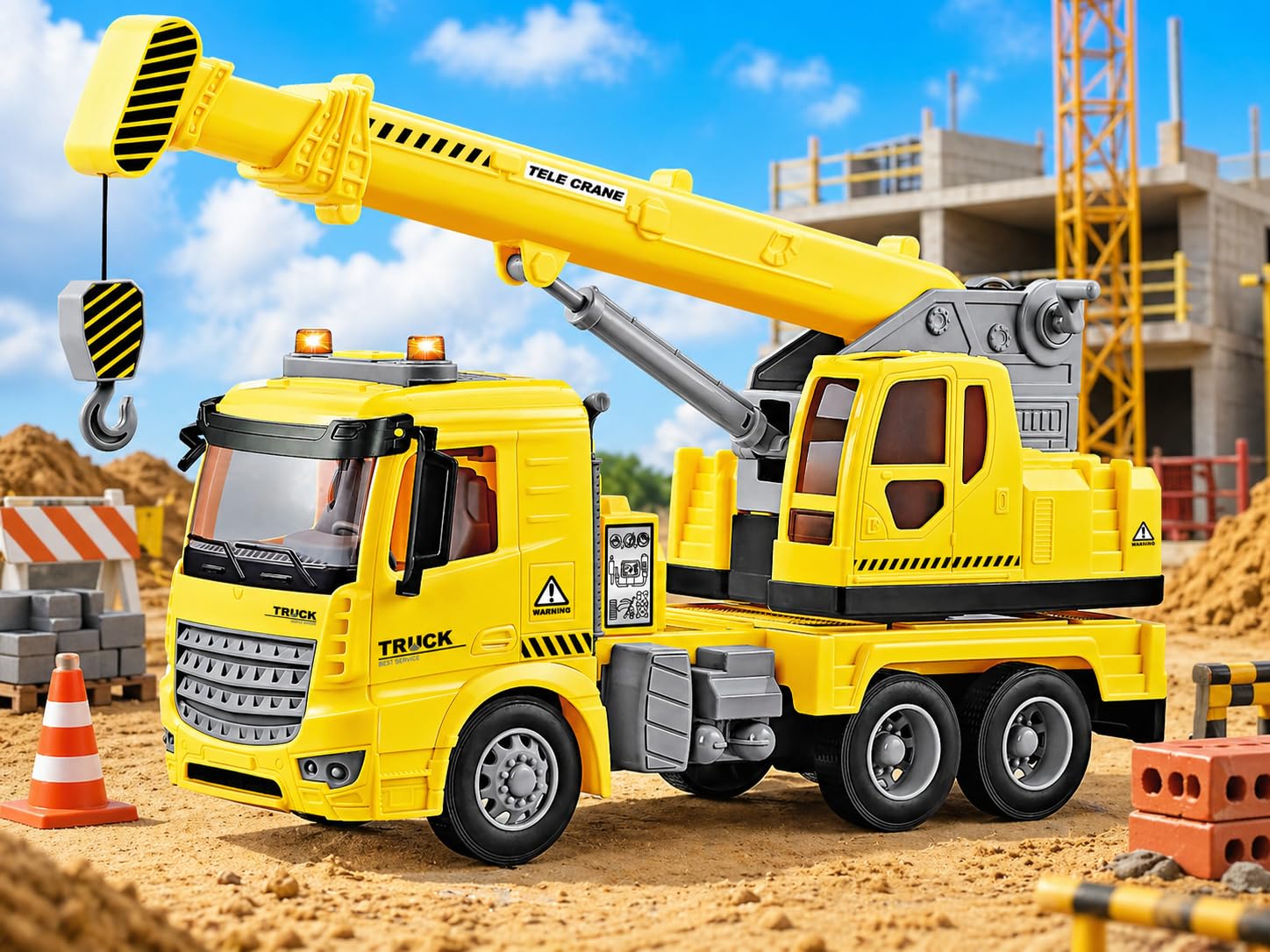Teorema, Play City Camion Gru Giocattolo 1:16, Autogru da Cantiere con Luci e Suoni, Movimento a Frizione, Braccio Articolato con Gancio, Camion Grande Giocattolo per Bambini 3 più Anni, 30 cm