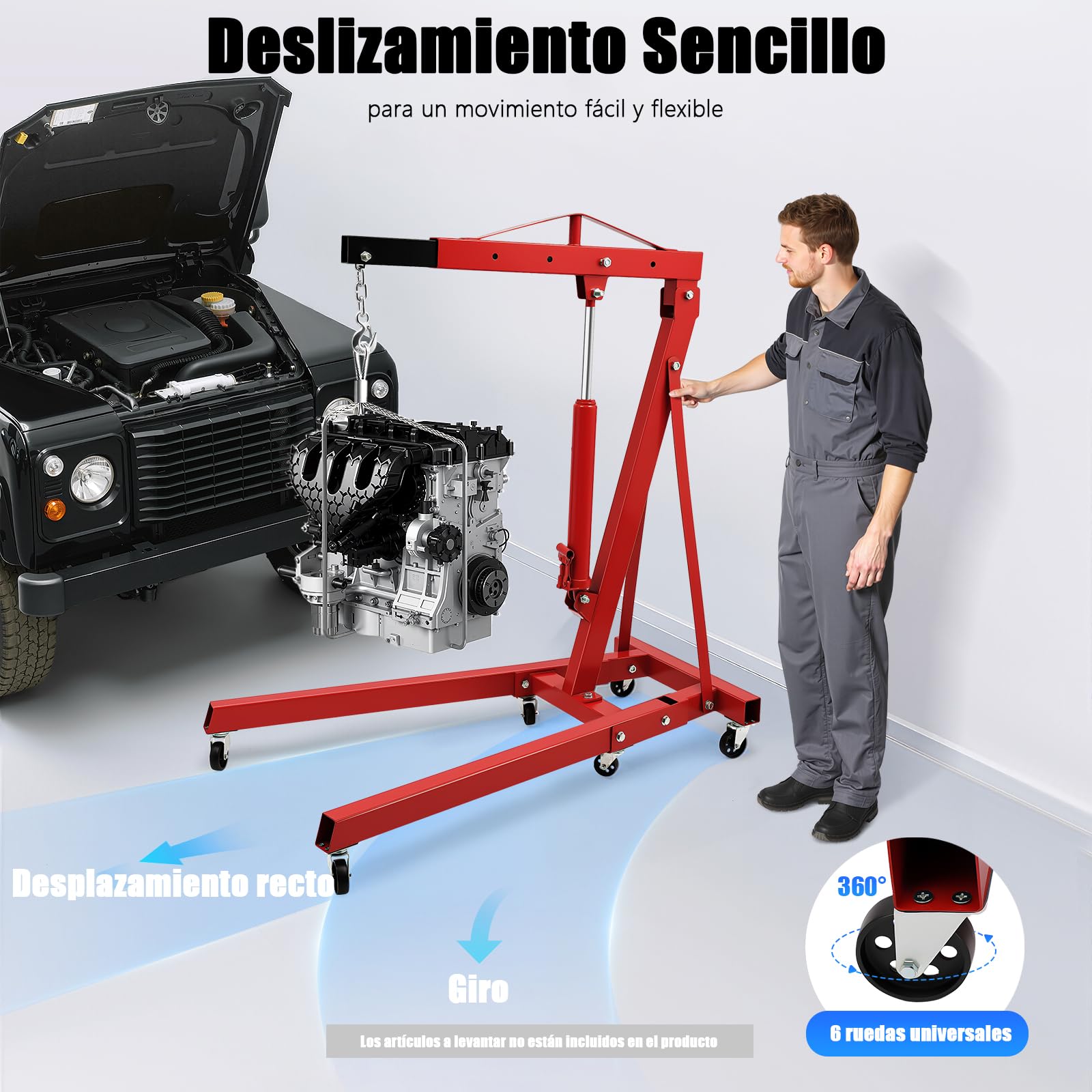 Grúa de taller plegable con 4 posiciones ajustables, 2000 kg, elevador de motor de acero al carbono, 6 ruedas giratorias de hierro, distancia máxima de gancho de 210 cm desde el suelo, color