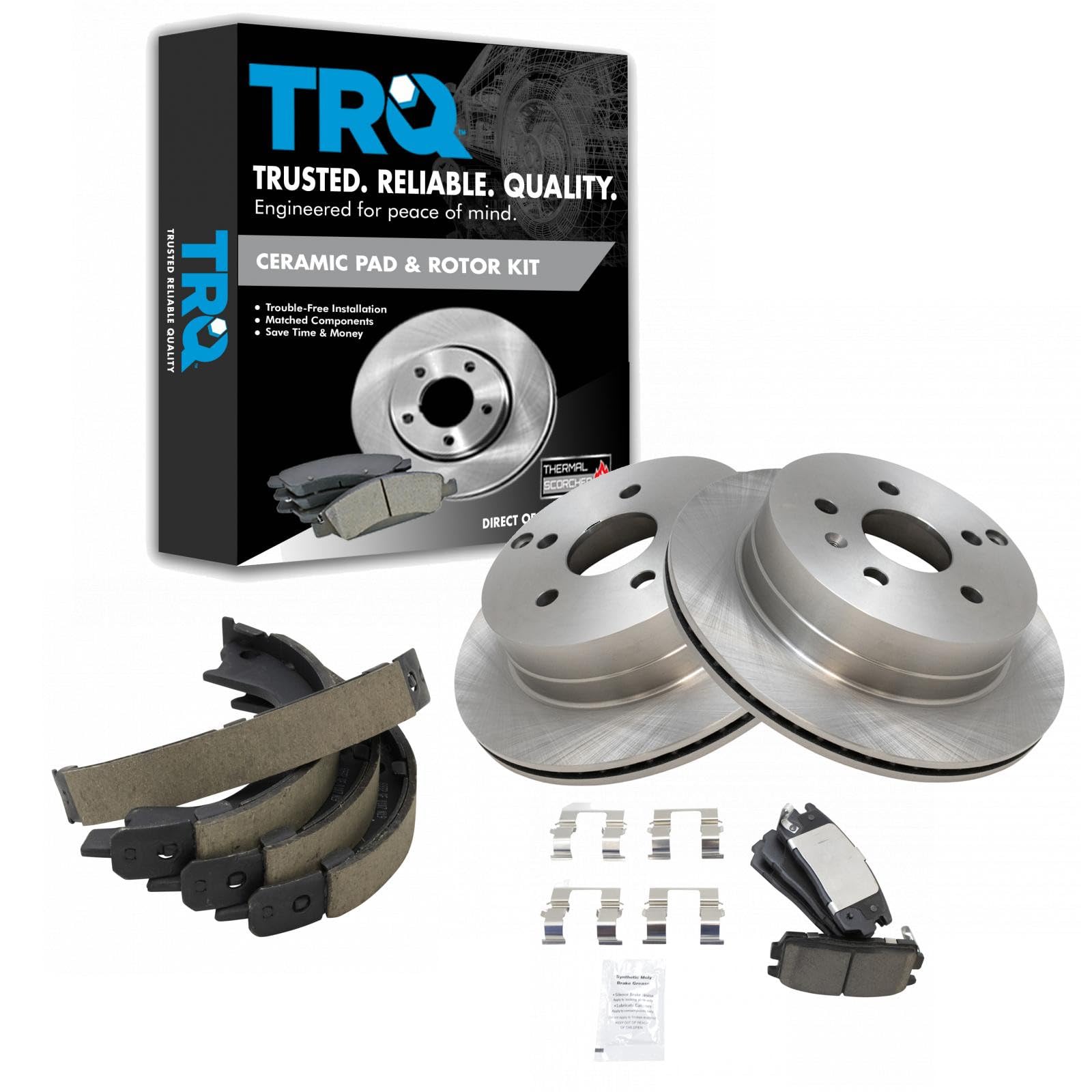 TRQ Rear Brake Pad and Rotor Set Ceramic Vented Rotors Parking Shoe Compatible with 2010-2017 Chevrolet Equinox 2010-2017 GMC Terrain