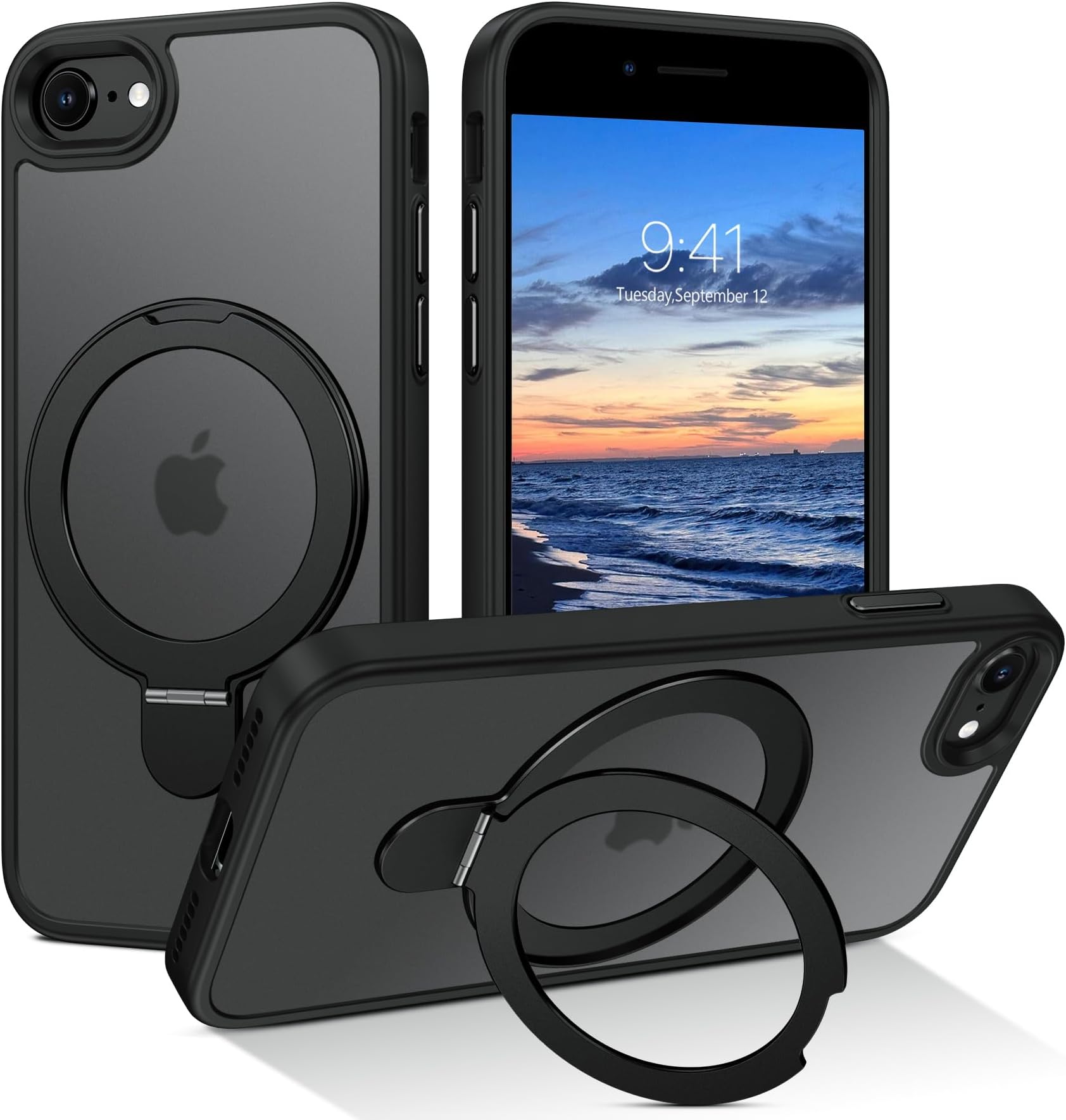 BENTOBEN Magnetic Case for iPhone 7/8/SE 2020/2022 with Stand [Compatible with Magsafe], Invisible Ring Stand Translucent Matte Back Military Grade Protection Shockproof Cover for iPhone 7/8/SE,Black