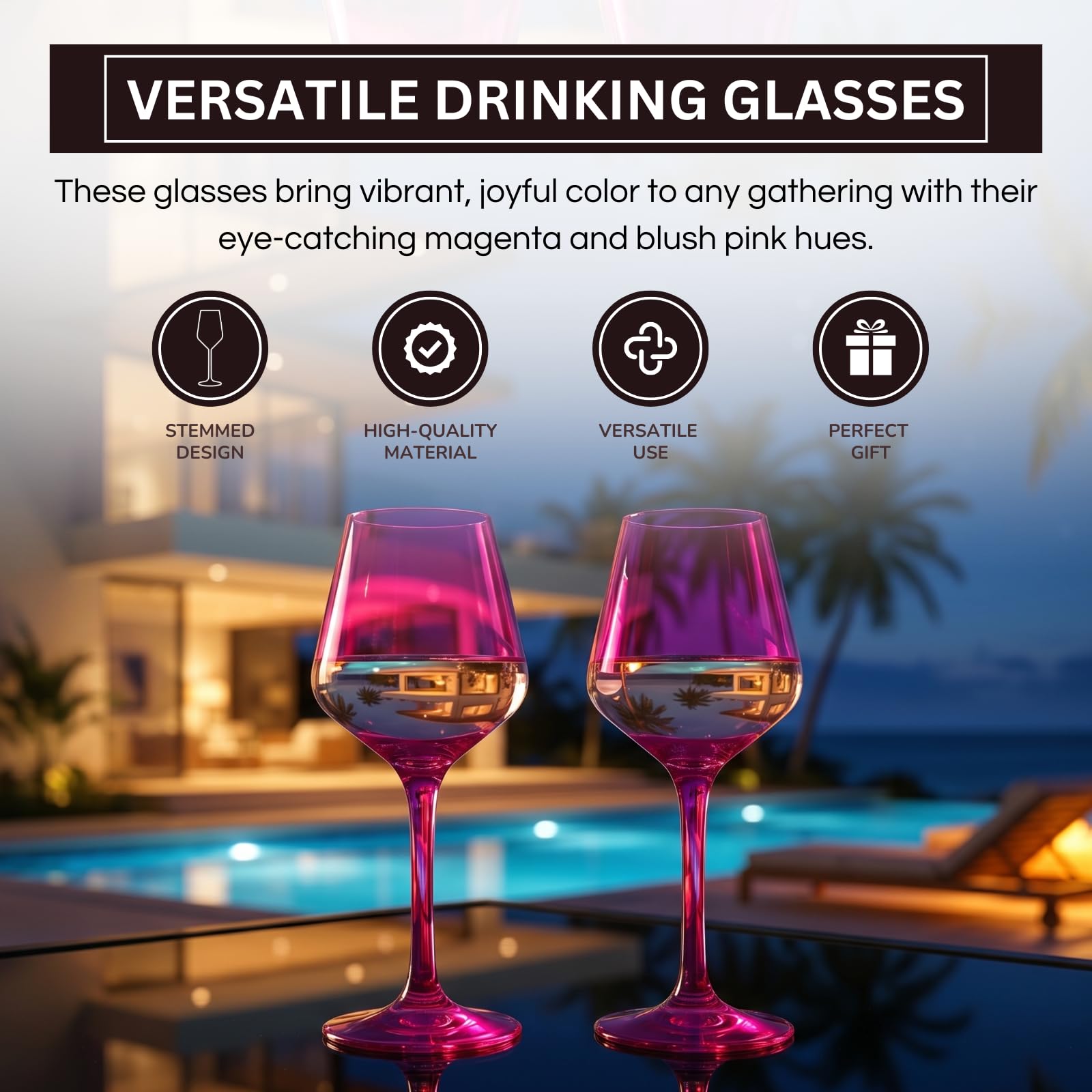 Copas de vino irrompibles de color rosa intenso, flotantes para piscina, juego de 2, vasos Tritan, irrompibles de color magenta y rosa rubor clásico, vasos inastillables de plástico sin BPA, rojo y