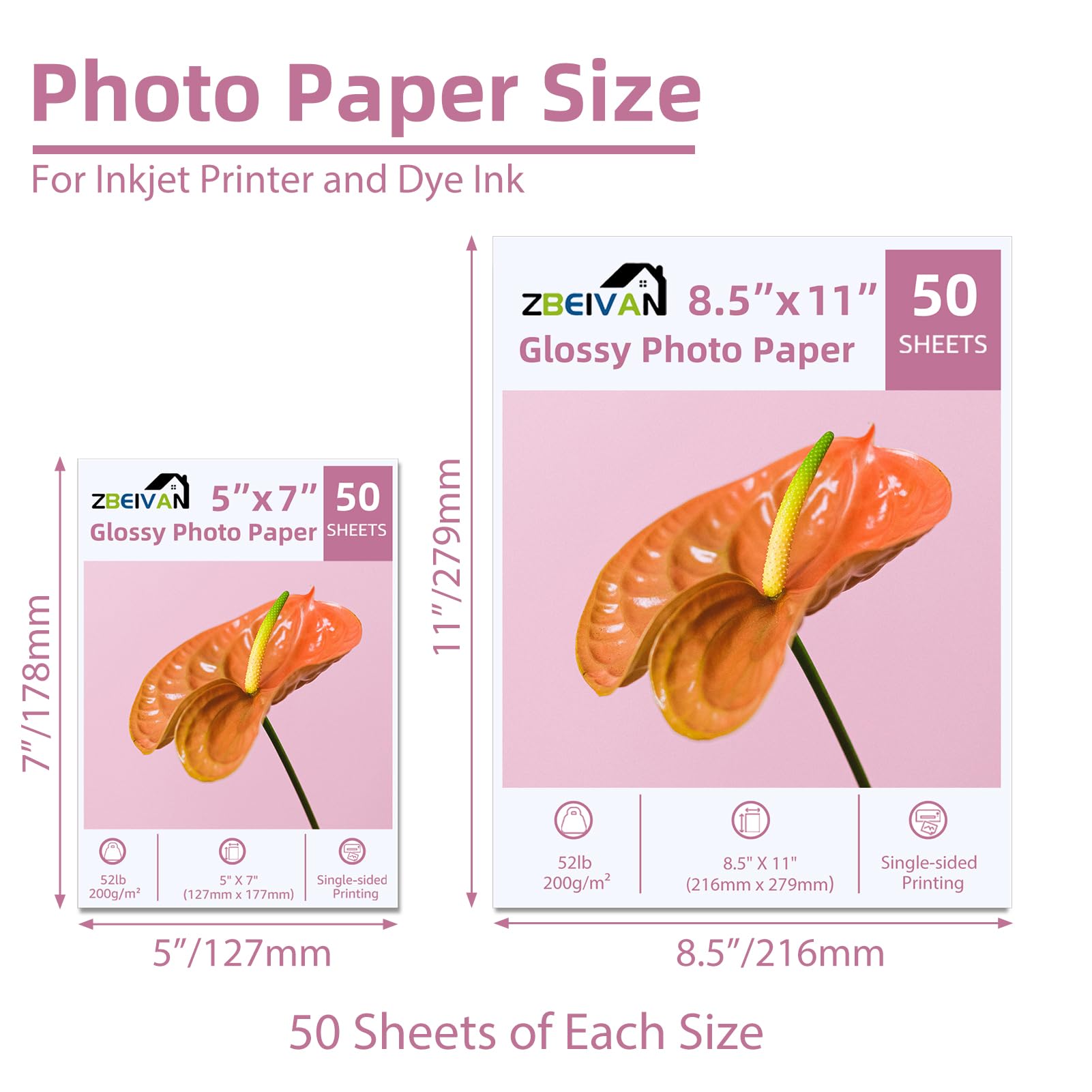 ZBEIVAN Papel fotográfico de 5 x 7, 8.5 x 11 pulgadas, papel fotográfico brillante, 100 hojas, papel de 200 g/m² para impresora (50 hojas de cada tamaño de 5 x 7, 8.5 x 11)